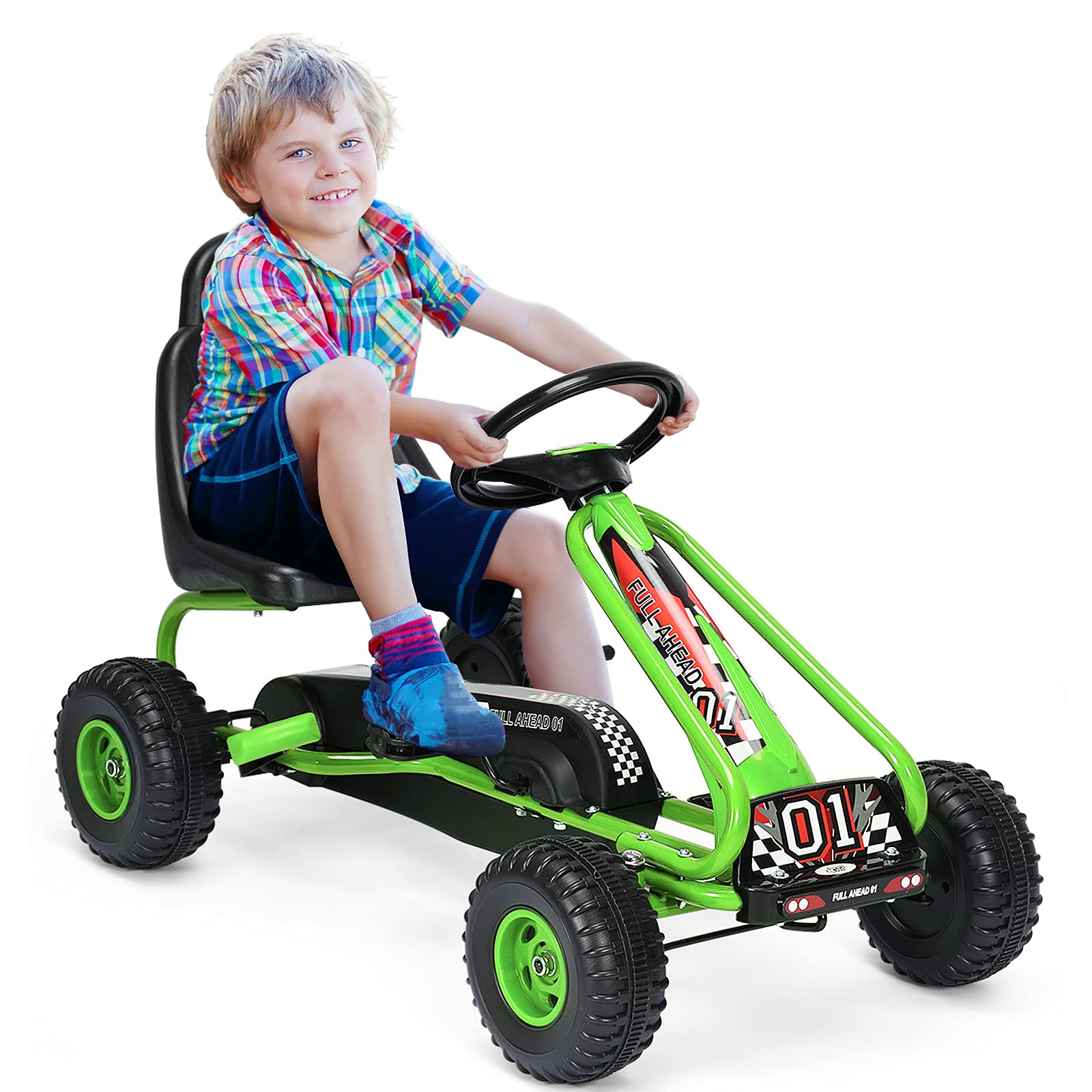 GOPLUS Gokart z regulowanym siedzeniem, samochód na pedały z hamulcem ręcznym i zamkniętą osłoną łańcucha, bieg do przodu i do tyłu, pojazd na pedały dla dzieci od 3 lat do 30 kg (zielony)