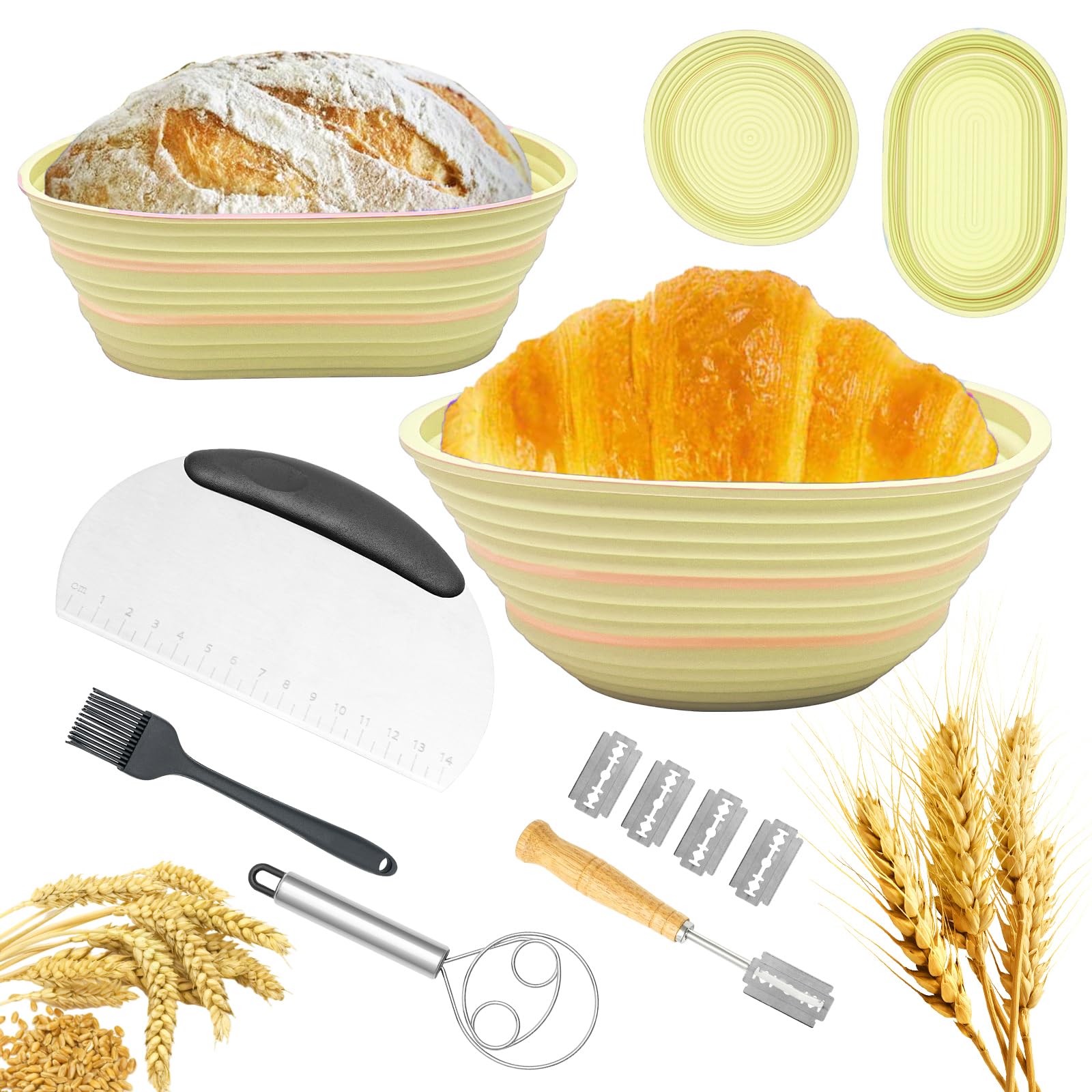 Sourdough Bread Baking Supplies, Silicone Banneton Bread Proofing Basket Set of 2, 9 Inch Round & 10 Inch Oval Foldable Sourdough Proofing Basket, Sourdough Starter Kit, Bread Making Tools (Beige)