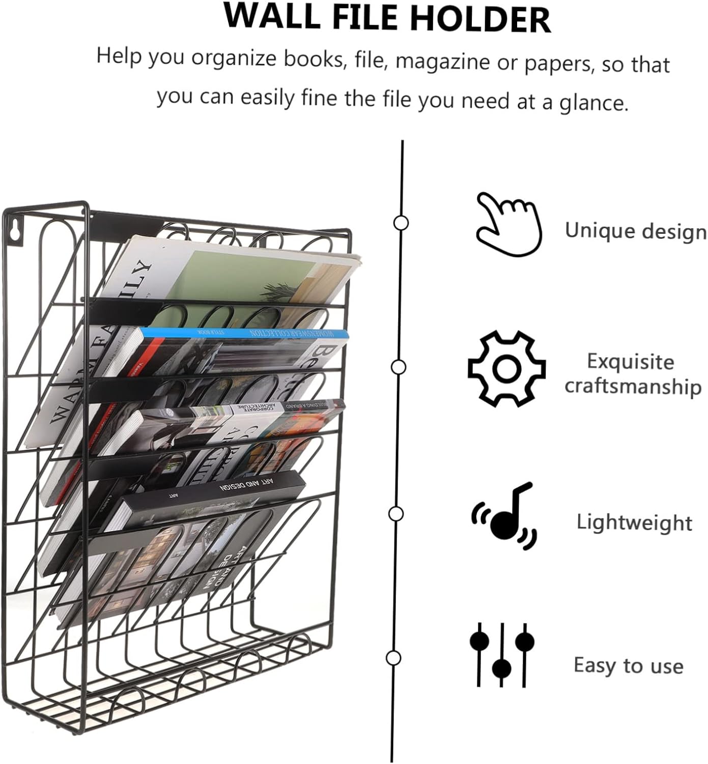 Minimalist Black Iron Bookshelf Desktop File Organizer 3 Sections Wall-Mounted Magazine Rack for Office and Home Use Creative Storage Solution for Papers and Magazines