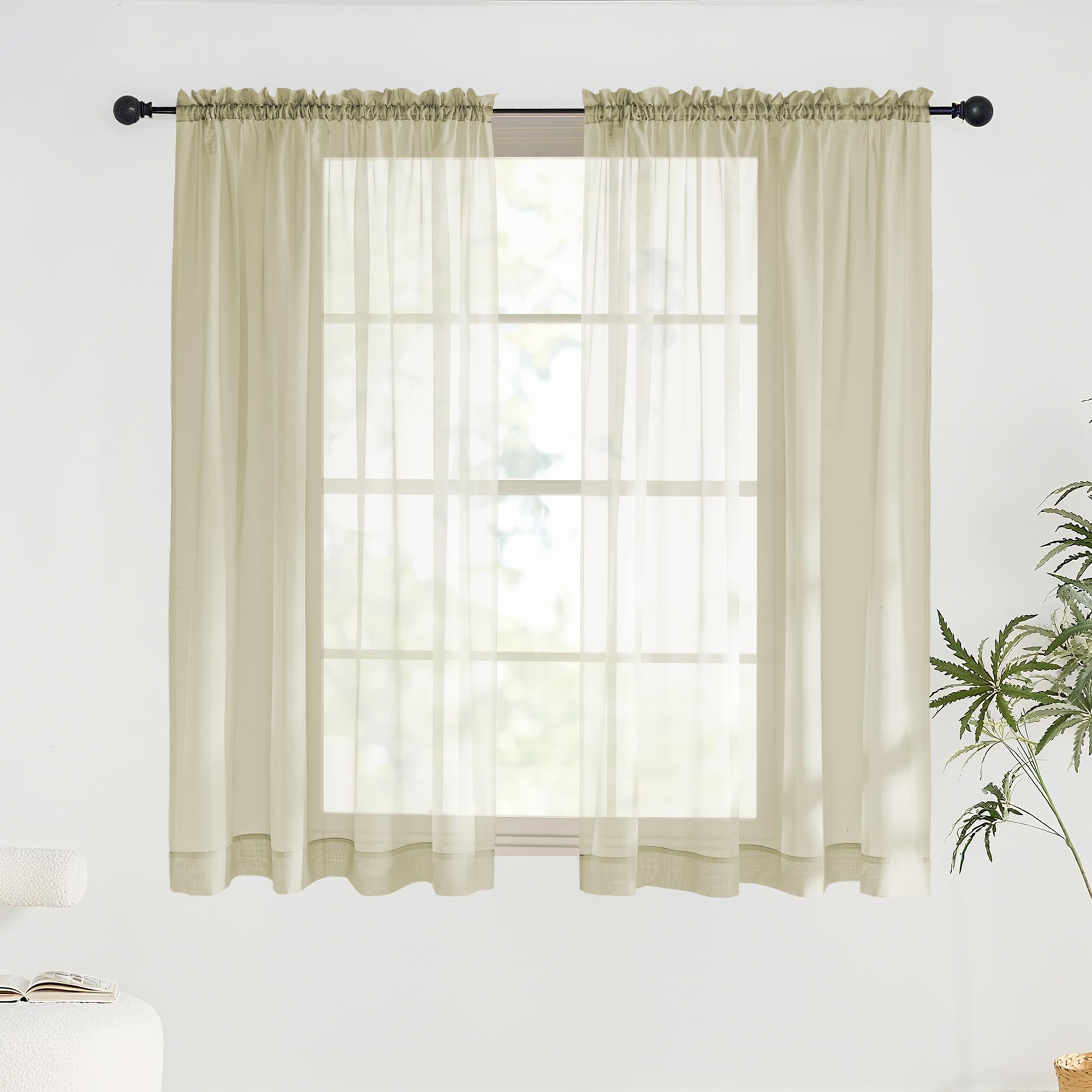 PONY DANCE Beige Net Curtains for Windows 54 Drop - Slot Top Voile Curtains, Privacy Semi Sheer Panels for Living Room Bedroom, 60x54 Inches (152x137cm), 2 Panels โ image 1