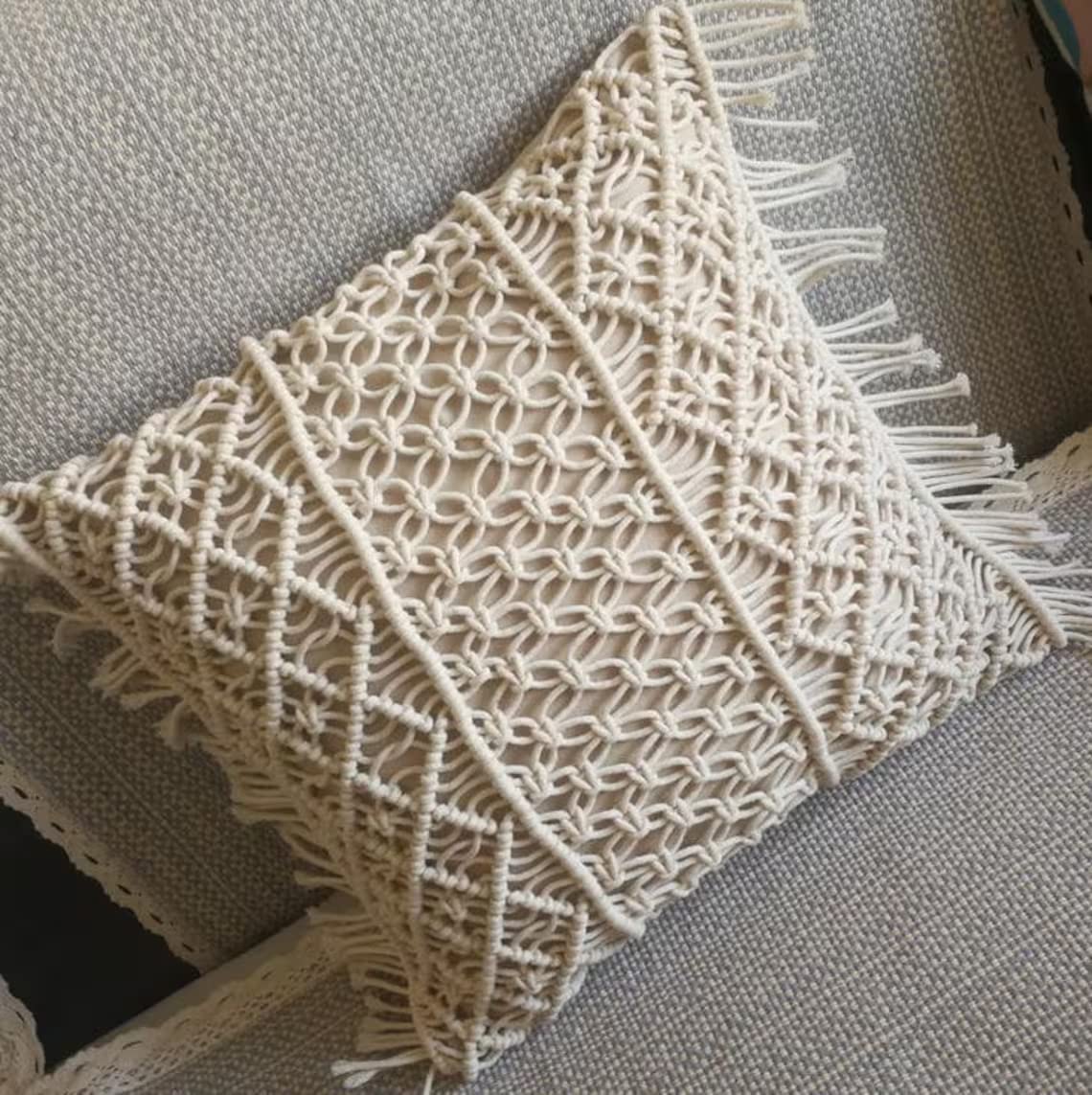 ACN Kohinoor Macrame Cushion Cover 16 x 16 Inches, Boho D?cor Hand Woven Decorative Pillow Cover for Sofa Set, Bedroom, Living Room, Home Furnishing, 1-Pcs, Off-White | Style 43 |