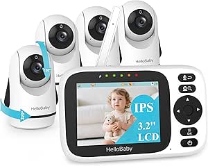 HelloBaby 3.2'' Baby Monitor 4 Cameras, Video Audio Baby Monitor No WiFi, Remote Pan-Tilt-Zoom, ECO, Night Vision, 2-Way Talk, 1000ft Range, 8 Lullabies and Temperature, Gifts for Parents and Babies asin的图片