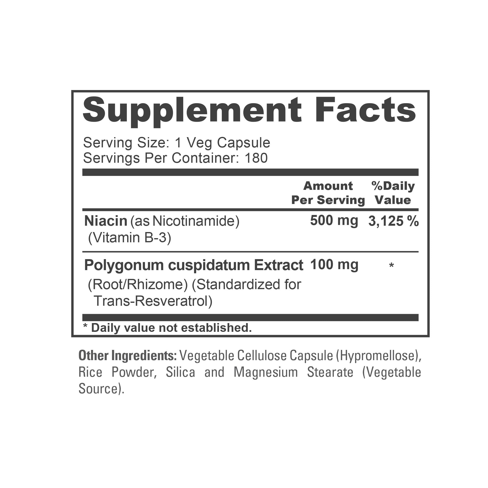 NusaPure Nicotinamide with Resveratrol (Vitamin B-3) 500 mg - 180 Vegetarian Caps (Non-GMO & Vegan)