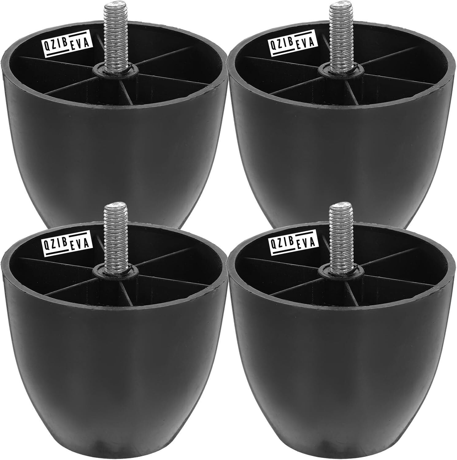 QZibeva Pack 4 Piece 2.60 Inch Black Plastic Furniture Legs Couch Feet Round Table Legs Gloss Black M8 Hanger Bolts