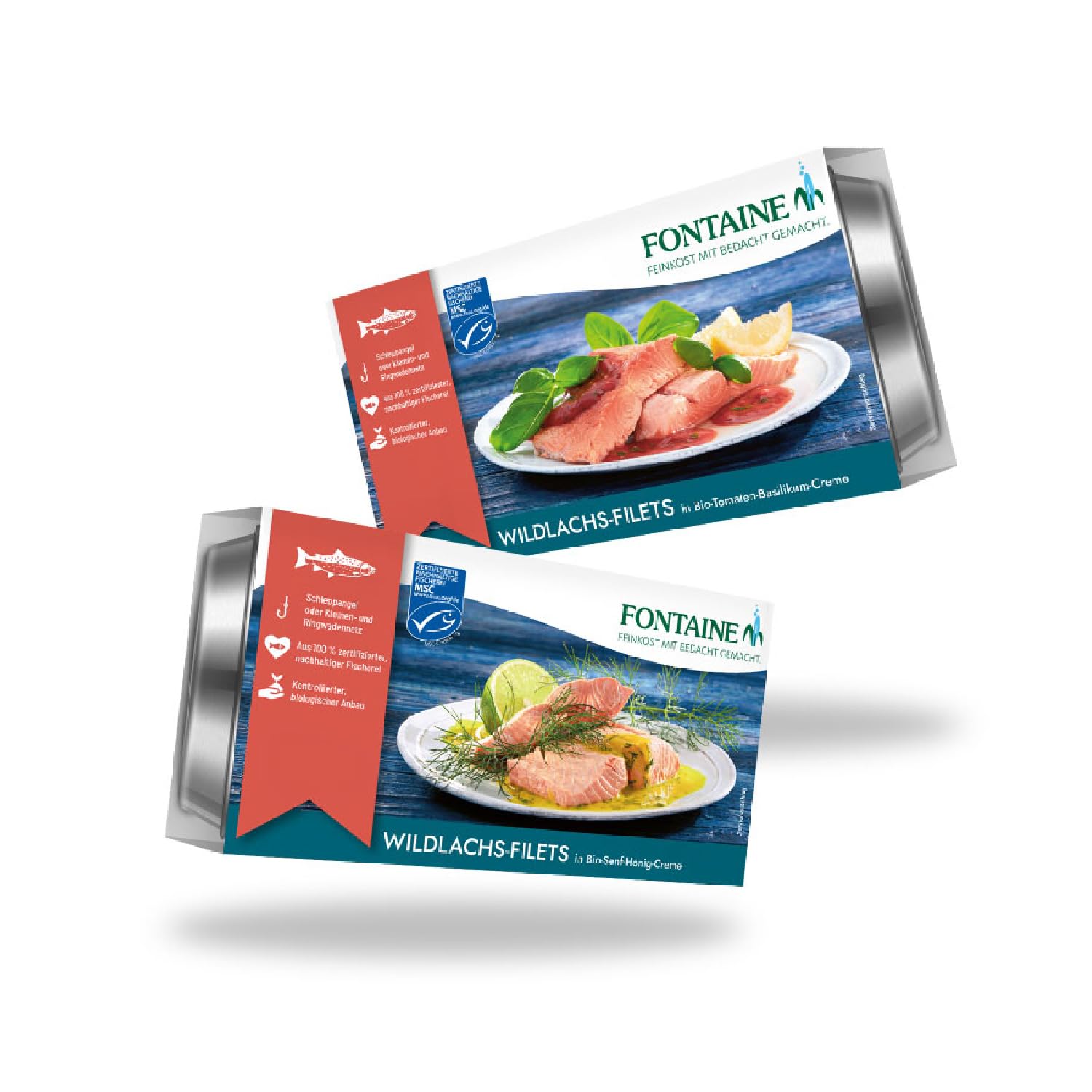 Fontaine - Wildlachs-Filets Bundle - 2 Sorten (je 3 Dosen) - 6er Pack - Premium Lachsfilets in Bio-Senf-Honig oder Tomaten-Basilikum-Creme, aus 100% nachhaltiger Fischerei