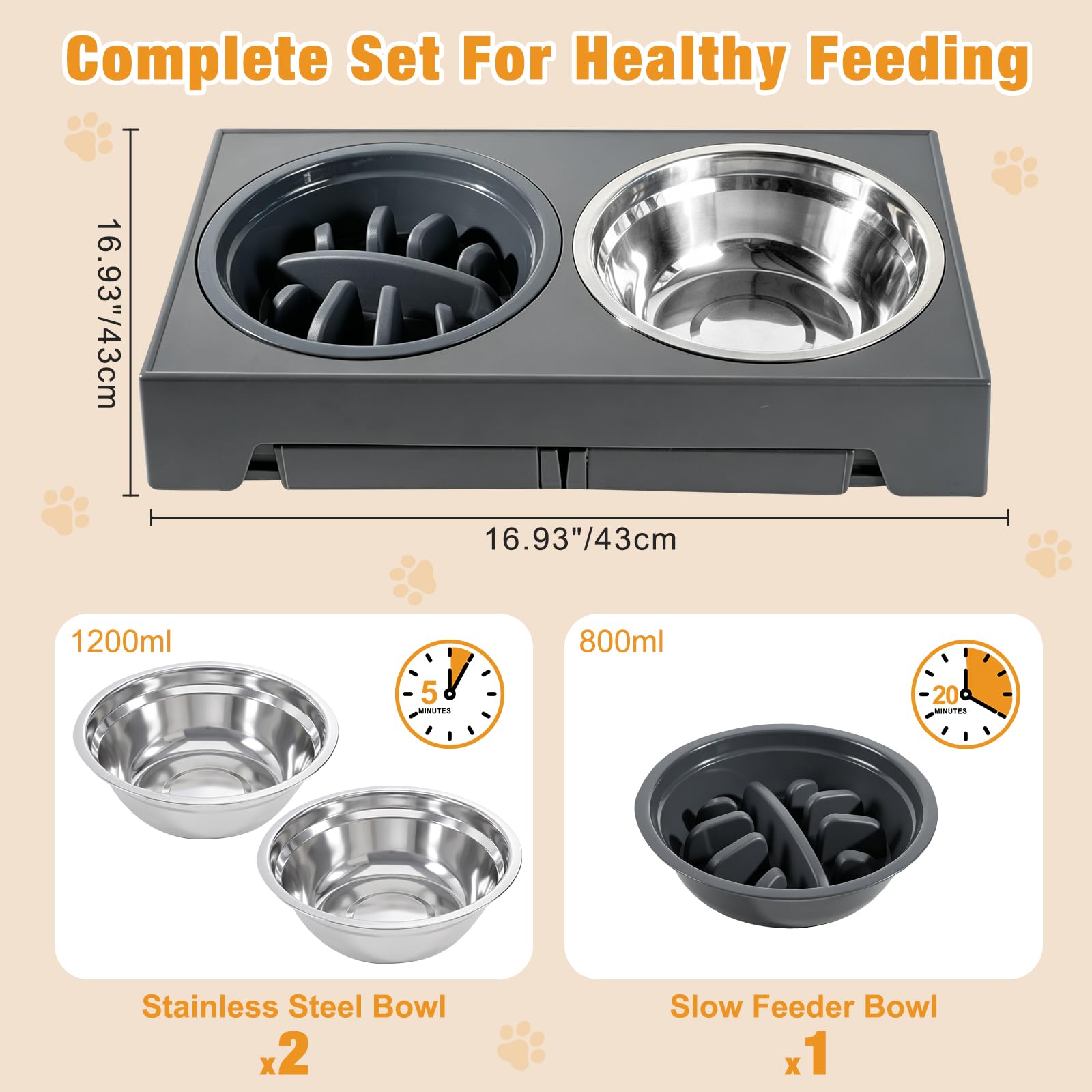 Erhöhter Hundenapf – 5 Stufen Höhenverstellbar, Futterstation mit 2X 1200ml Edelstahlschüsseln & 1 Slow-Feeder-Napf, rutschfest, klappbar, für kleine bis große Hunde, Grau