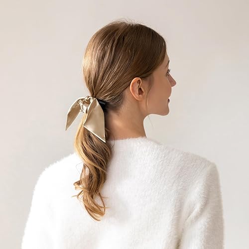Miniatura 4 de THXSILK Coleteros de seda con lazo para mujer, pelo de seda de morera pura, lindos coleteros Kitsch para niñas y mujeres, cabello grueso champán