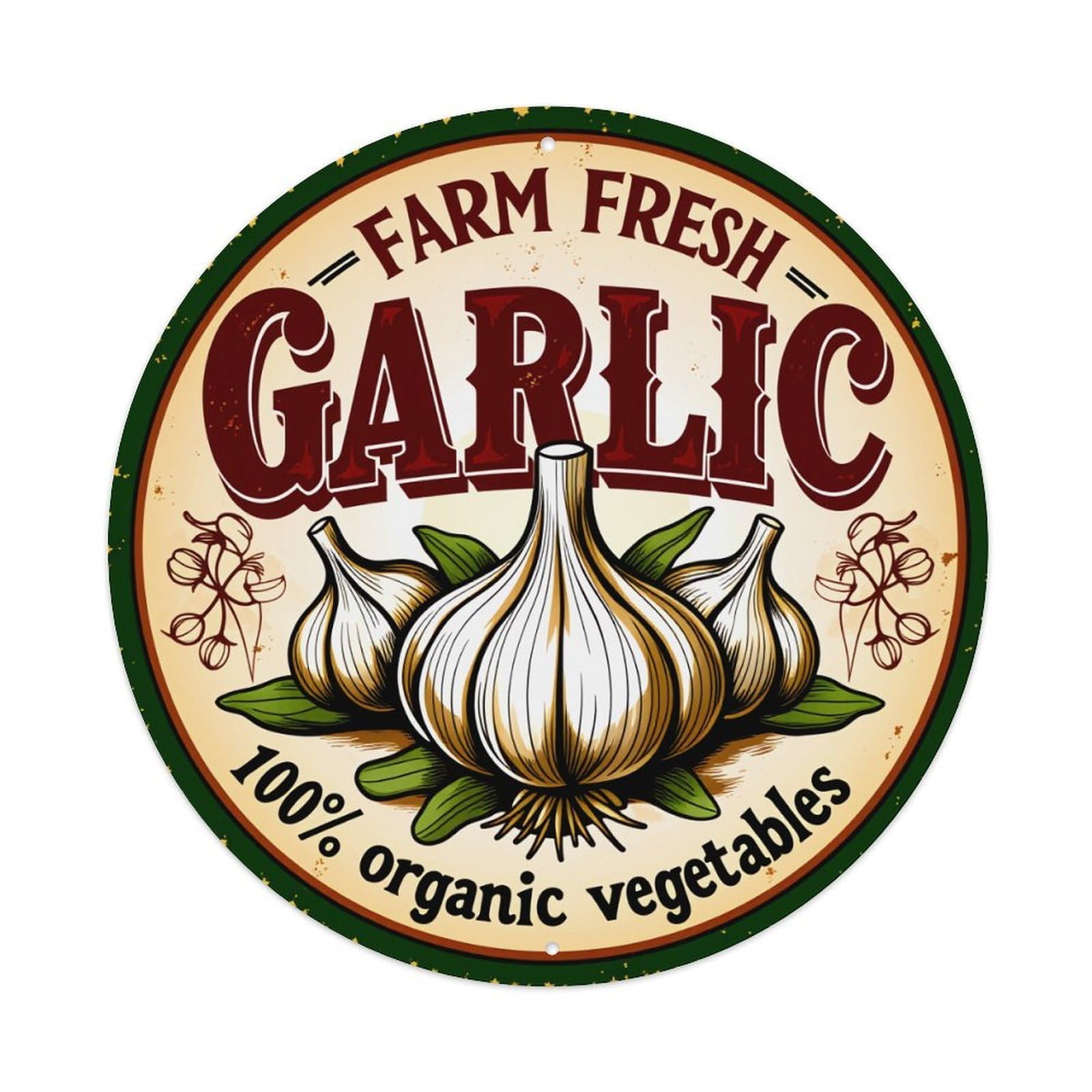 Farm Fresh Garlic Organic Vegetables Vintage Round Tin Sign Retro Metal Wall Decor Metal Poster, Home Bar Garage Farmhouse Cafe Wall Art Decoration 8x8Inches