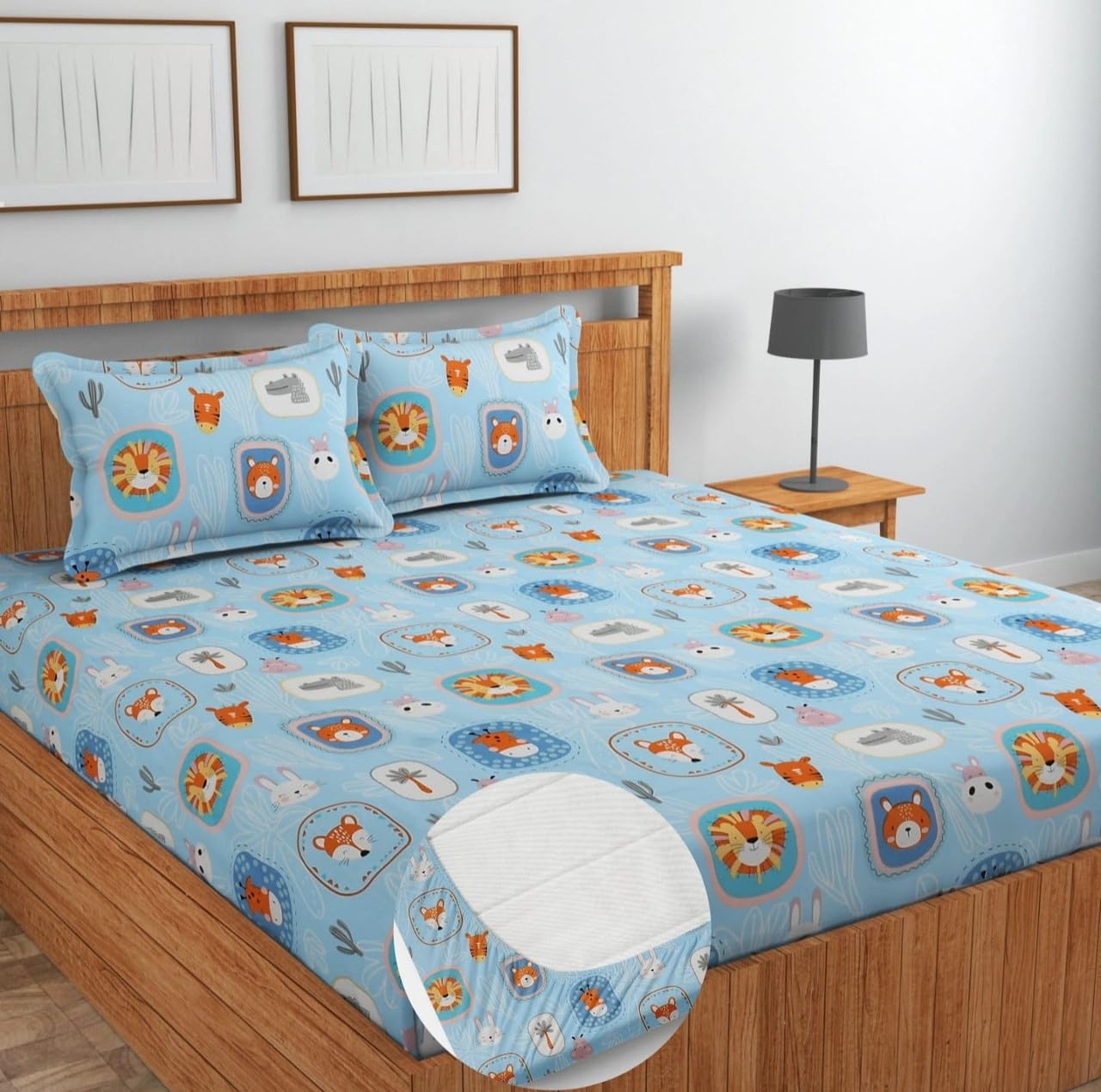 NEW LEAF Cotton Fitted King Size Double Bedsheets with 2 Pillow Covers | Elastic Fitted | Wrinklefree | Ultrasoft |All Season Bedsheet 220 tc tc Floral | 78 x 72+8 Inches, Sky Blue