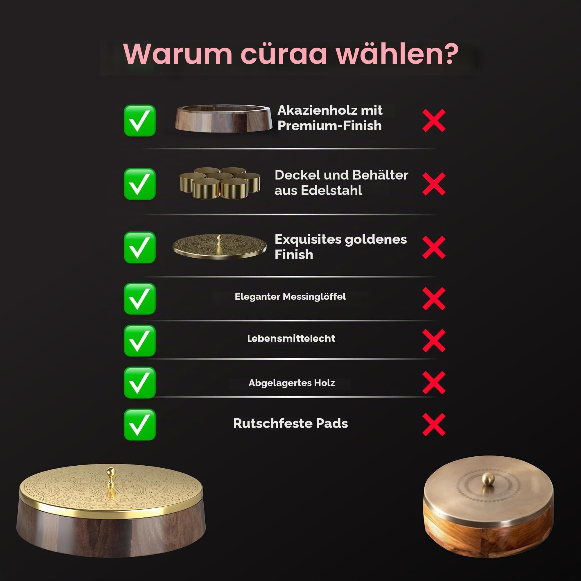CÜRAA YFL Home Gewürzbox für Küche mit Löffel (Akazienholz, 7 herausnehmbare Behälter, 120ml) | Masala Box für Küche | Gewürzaufbewahrungsbox | Stilvolle Masala Dani für Geschenk