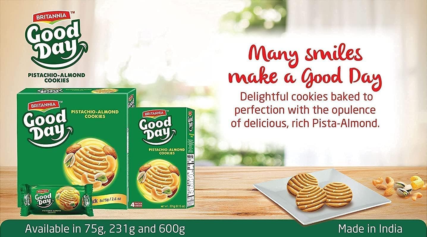 Britannia Good Day Pistachio/Almond Cookies 8.15oz (231g) - Breakfast & Tea Time Snacks - Delicious Grocery Cookies (Pack of 6)