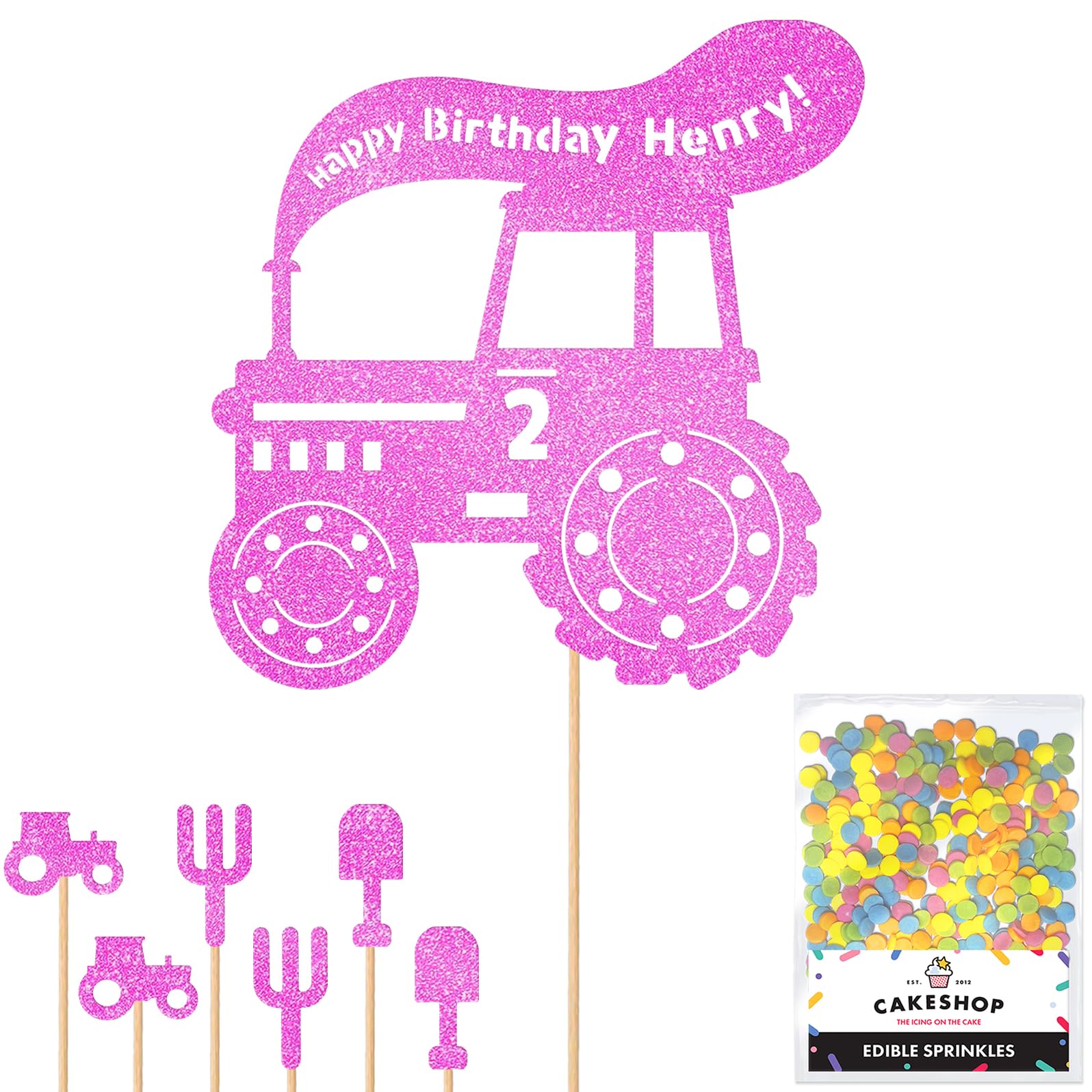 Personalised Farm Tractor Glitter Cake Topper- Light Pink Any Custom Age & Name Glitter Cake Decoration and Sprinkles - Happy Birthday Decorations - Personalised Toppers for Cakes by Cakeshop