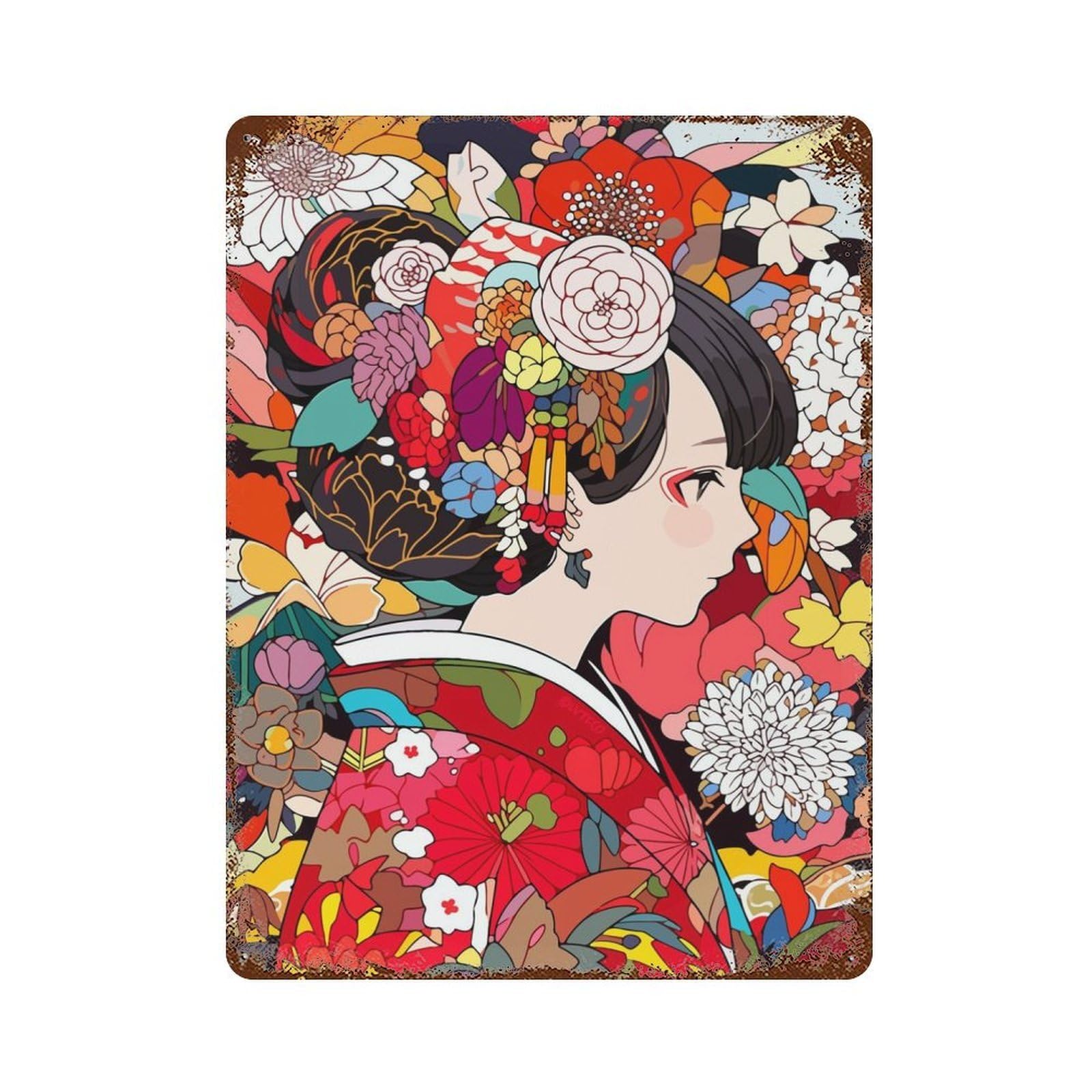 Retro Metal Sign with Flower Girl Kimono Japan Design 15.7"x11.8", for Living Room, Hallway And Home Decor, Farmhouse Wall Decor