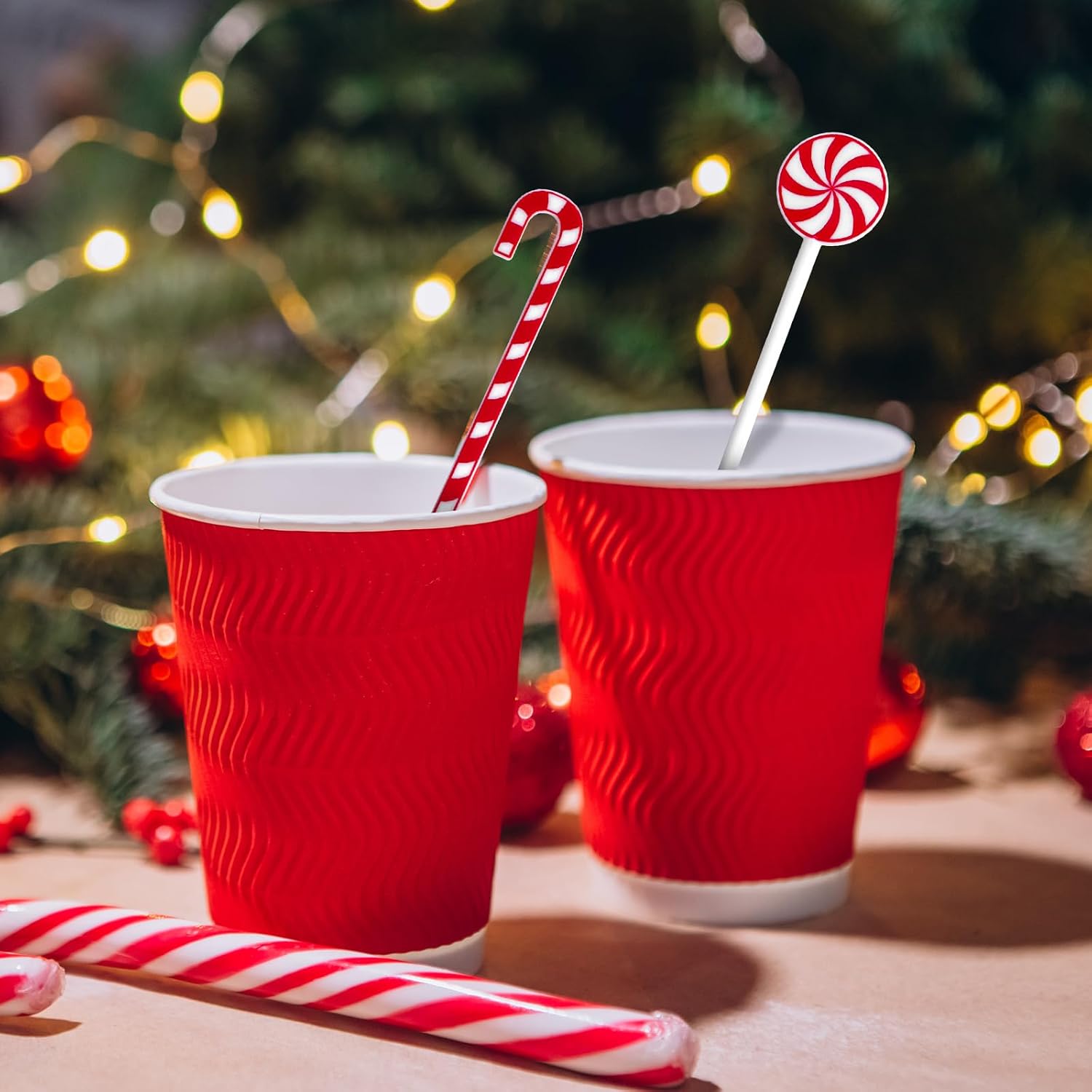 FYSUIMU 40Pcs Christmas Drink Stirrers Xmas Candy Cane Stir Sticks Red White Lollipop Reusable Holiday Coffee Hot Cocoa Swizzle Sticks Cocktail Mixer for Chocolate Bar Beverage Party Supplies
