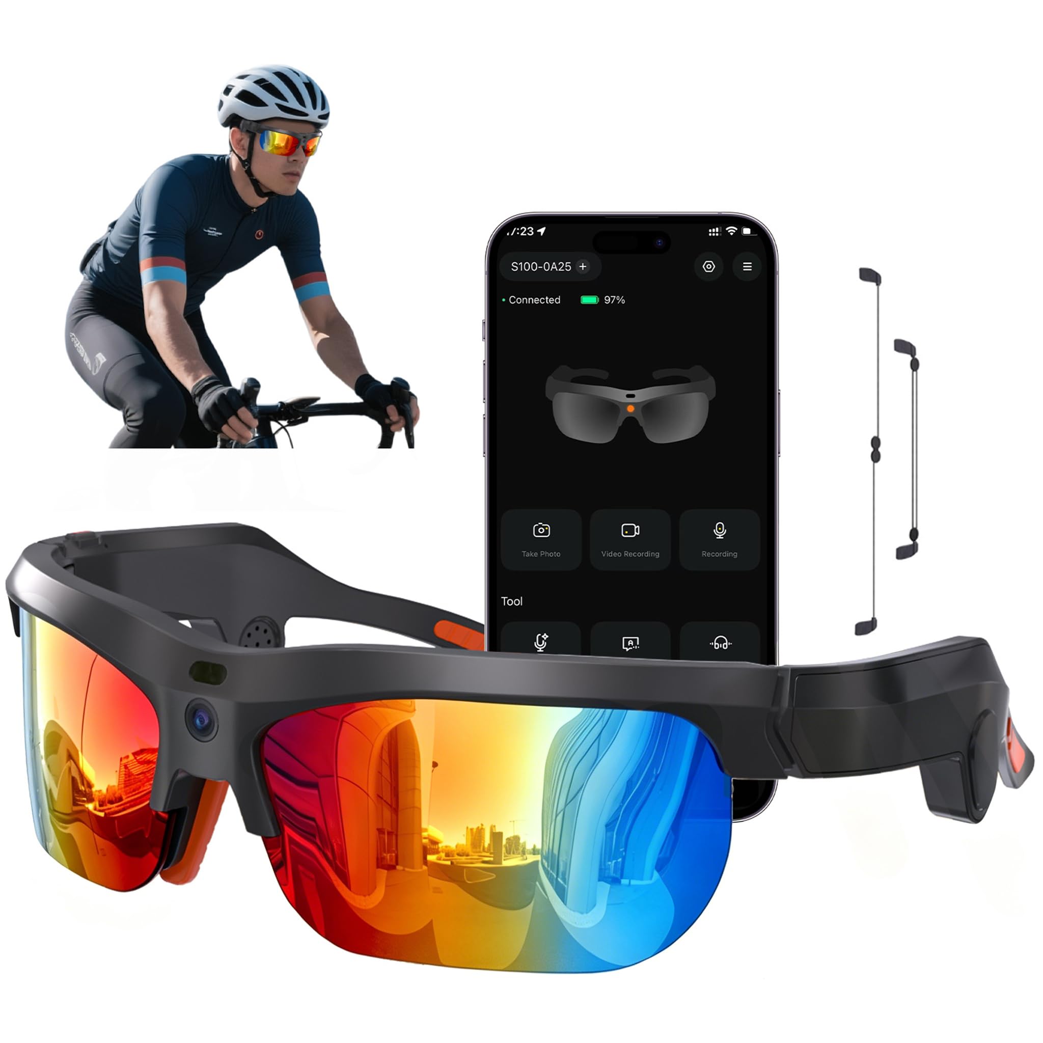 Photo 1 of Smart Sports Glasses - 2026 Upgrade with 20MP Camera, AI Voice Assistant, AI Translation; EIS Anti-Bluetooth Audio Sunglasses, Camera Glasses for Cycling and Activities Men and Women (Blue&Yellow)