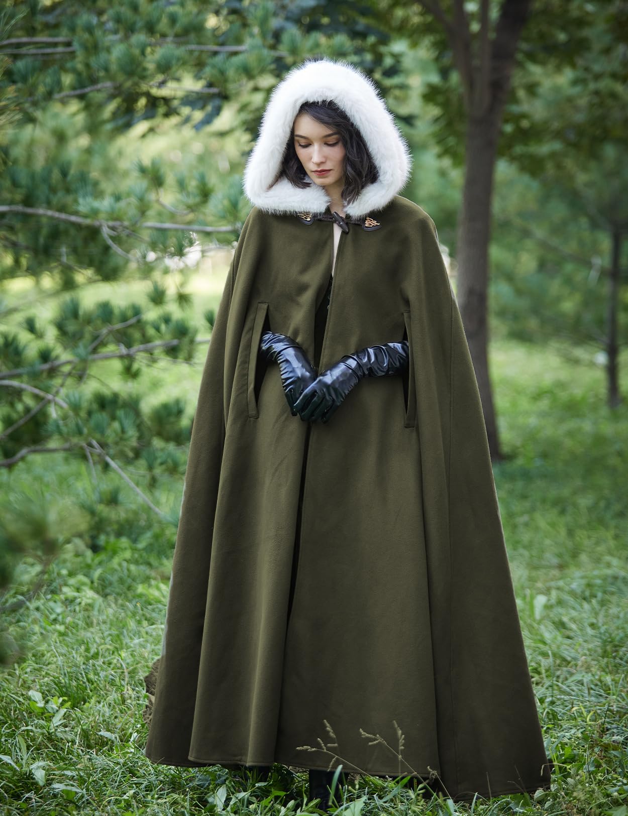 BEAUTELICATE Women Hooded Cape Coat Long Wool Cloak With Hood Vintage Overcoat Plus Size for Winter Wedding Bride Medieval Halloween Christmas Cosplay Costume 140cm - Image 3