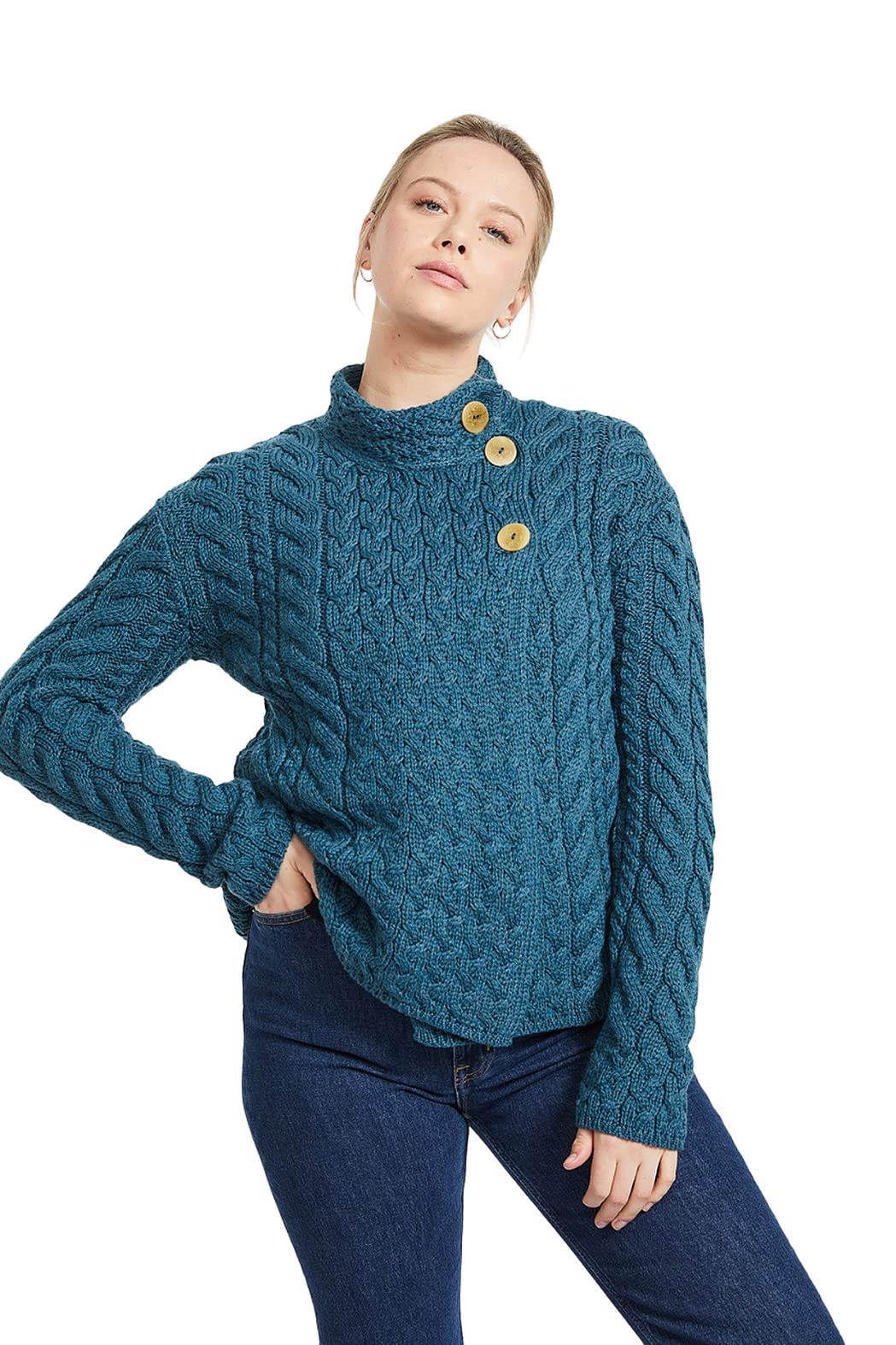 Aran Woollen Mills Louisburgh Women's Asymmetrical Irish Cardigan, 100% Super Soft Merino Wool, Authentic Irish Knitwear