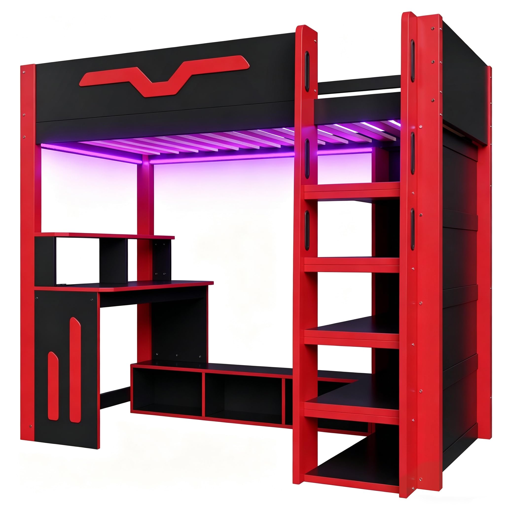 Wiuzo Letto a soppalco in legno da 90 x 200 cm, con scrivania, vano portaoggetti multilivello, illuminazione a LED e scala con vano portaoggetti, nero