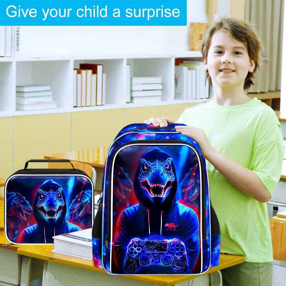 gxtvo 3PCS Kids Dinosaur Game Bookbag, 17" Boys Dino Backpack with Lunch Box, Water Resistant Middle Elementary School Bag - Dinosaur Game - Image 7