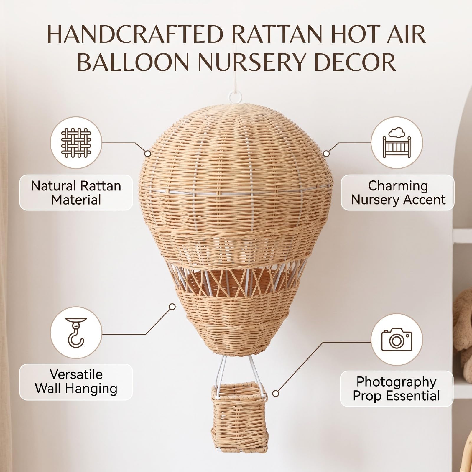 AMONIDA Mongolfiera in Rattan Realizzata a Mano per la Cameretta dei