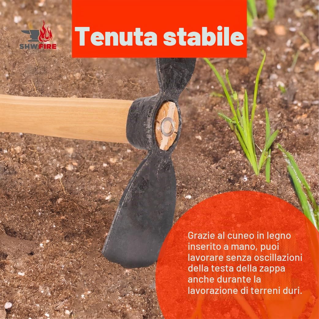 SHW-FIRE - Zappa forgiata stabile per giardino, lama larga e cuore, manico ergonomico corto 40 cm