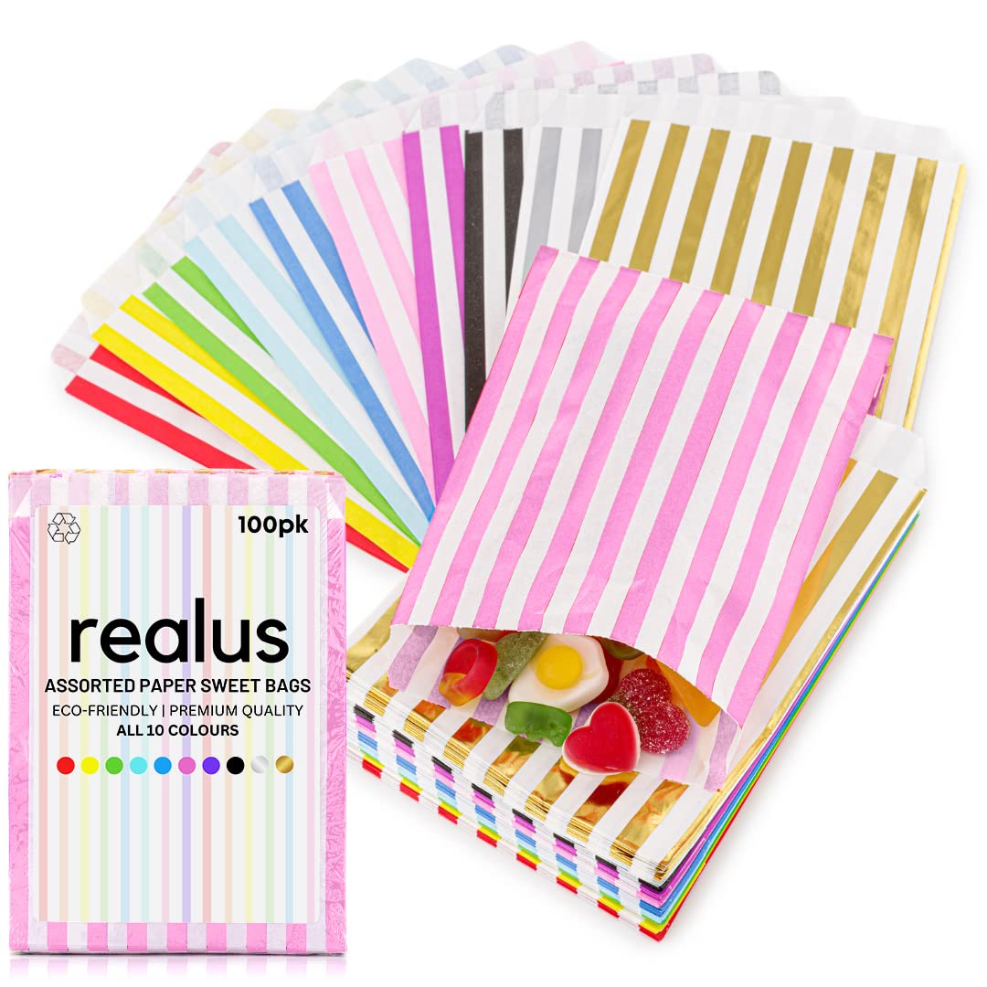Assorted Paper Sweet Bags 5 x 7” | REALUS - 100pk Small Empty Sweets Bag | ALL 10 COLOURS | Retro Candy Stripe Sweetie Bags – Perfect for Kids Party, Pic n Mix Shop, Wedding Favours, Popcorn