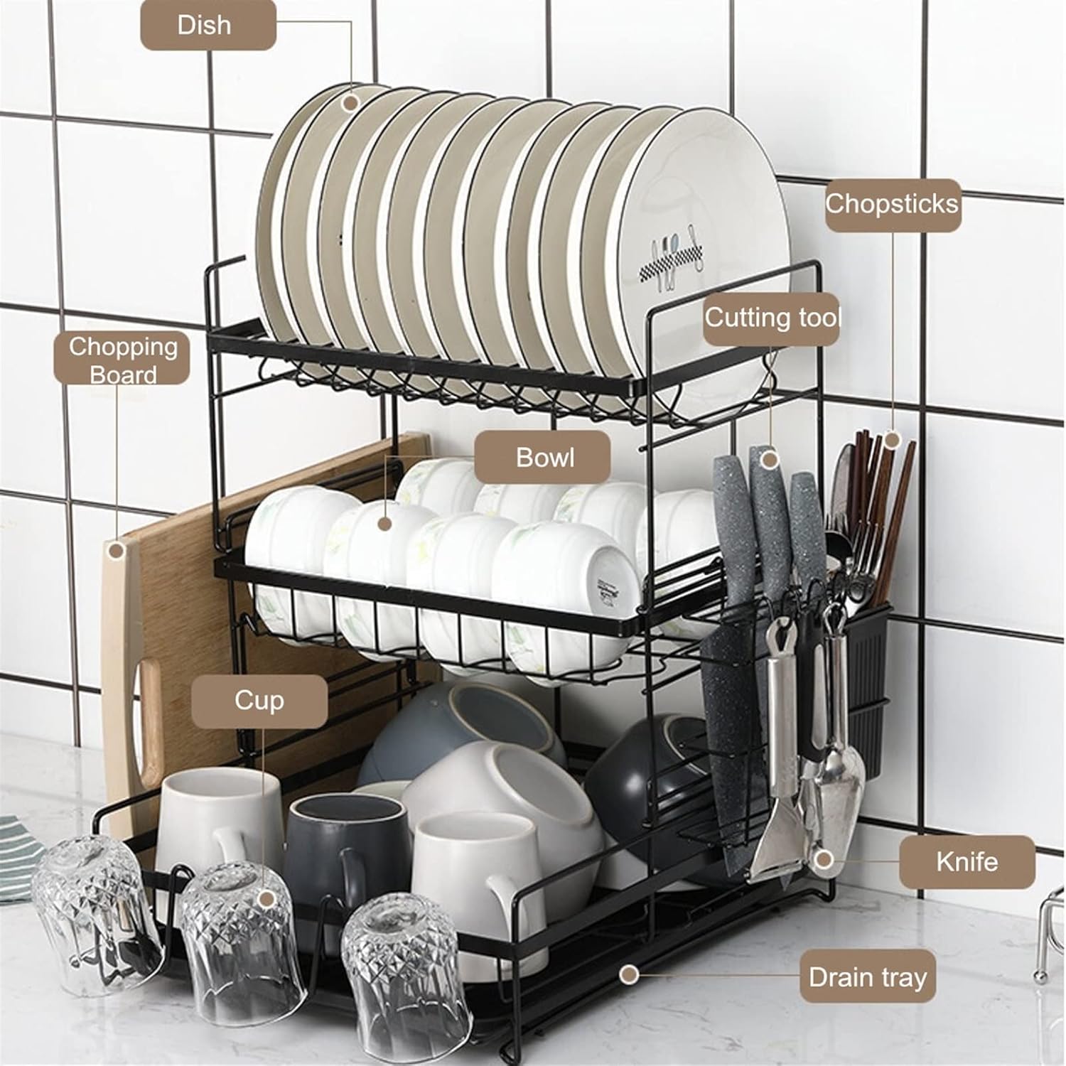 Dish Rack Tableware Storage Box Kitchen Racks Multifunctional Countertop Dish Storage Rack Dish Rack Drain Rack Bowl Rack(White,Small)