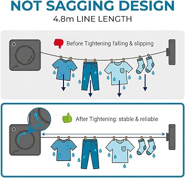 Retractable Clothesline Indoor Outdoor, 4.8M Non-Sagging Stainless Steel Washing Line, Wall Mounted Heavy Duty Clothes Drying Laundry Line for Bathroom Balcony, Gray