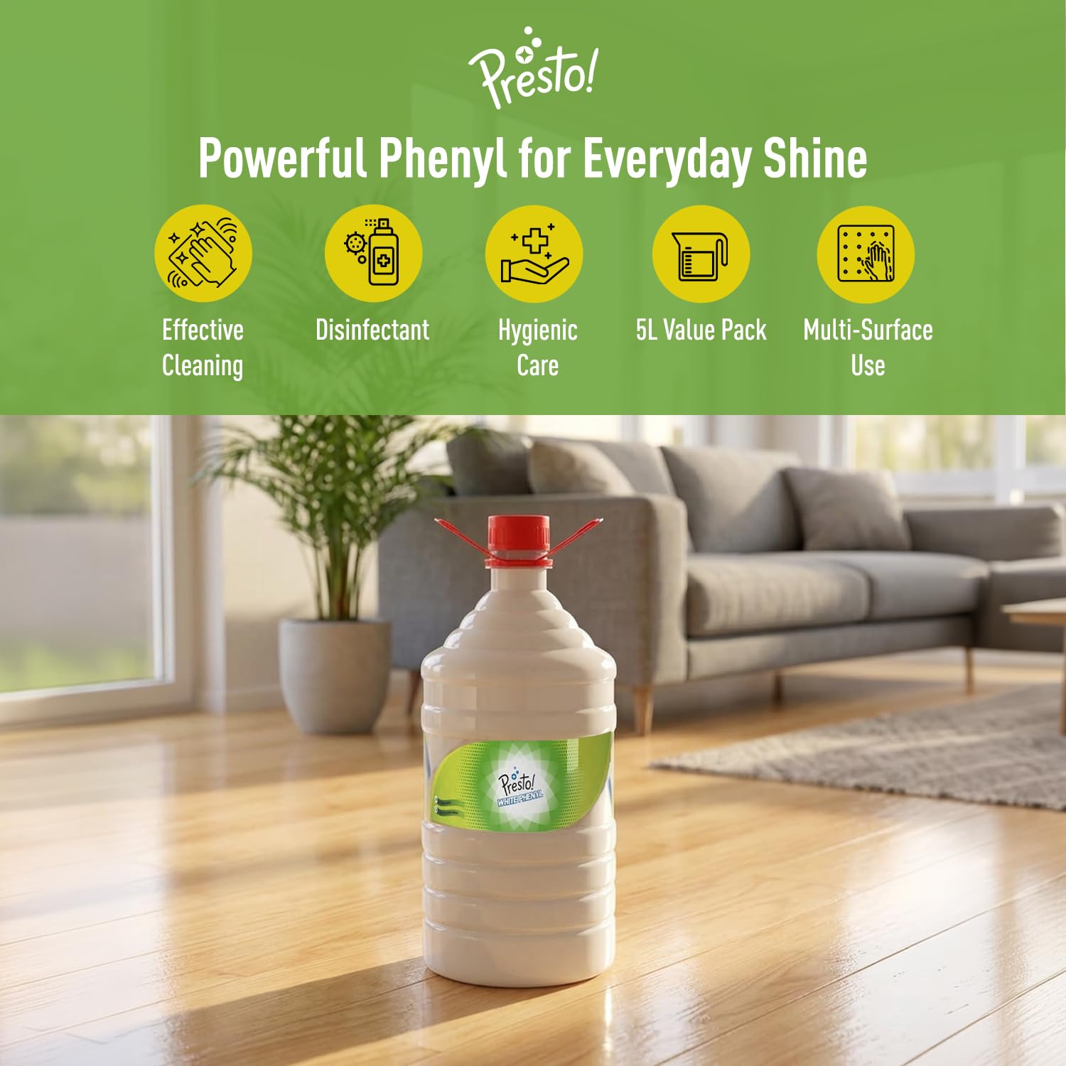 Amazon Brand - Presto! Phenyl Floor Cleaner | 5 Litre | Suitable For Hospitals, Homes, Offices | 10X Cleaning Power | Fights Germs