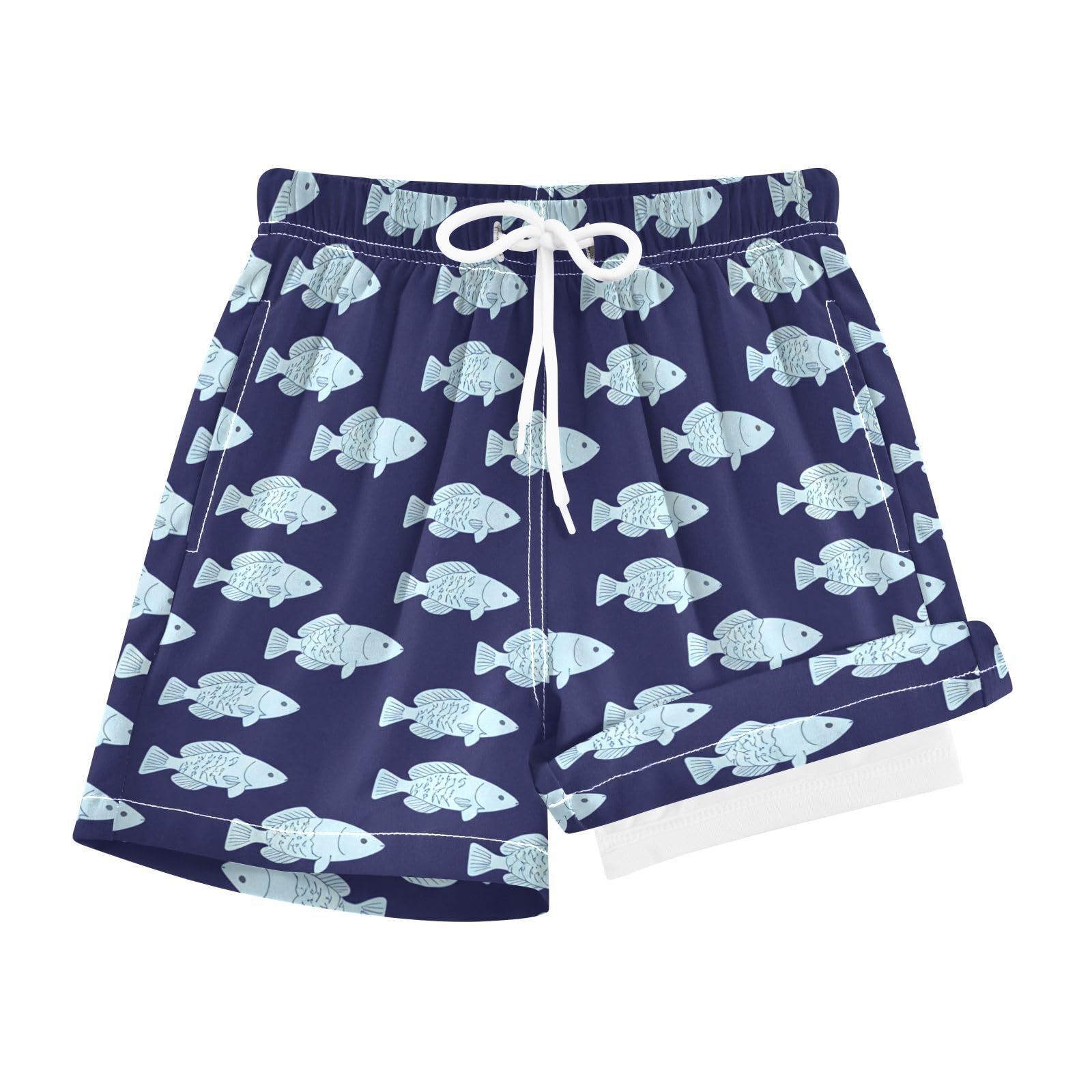 YANENDIE Boy Swim Trunks with Compression Liner Blue Fish Deep Boys Swim Shorts Quick Dry Beach Shorts
