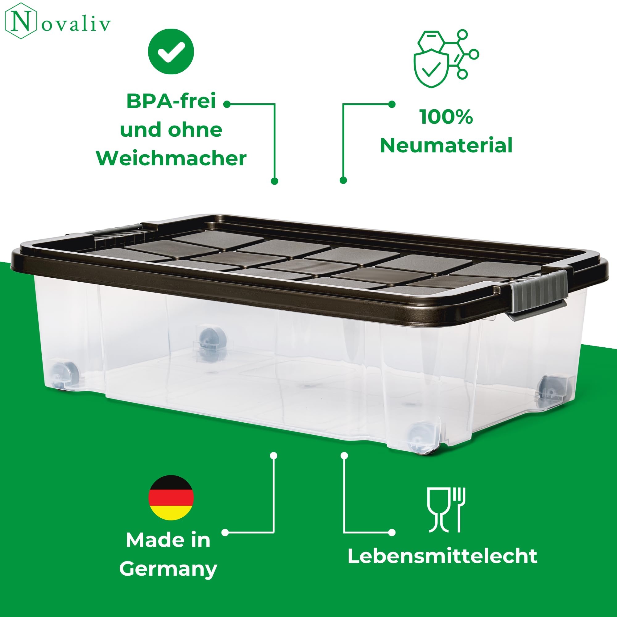 Novaliv 3x Unterbettkommode mit Rollen 28L Aufbewahrungsbox Deckel Anthrazit Nestbar stapelbare mit Clipverschluss Rollkiste BPA-frei 61x40x17 cm