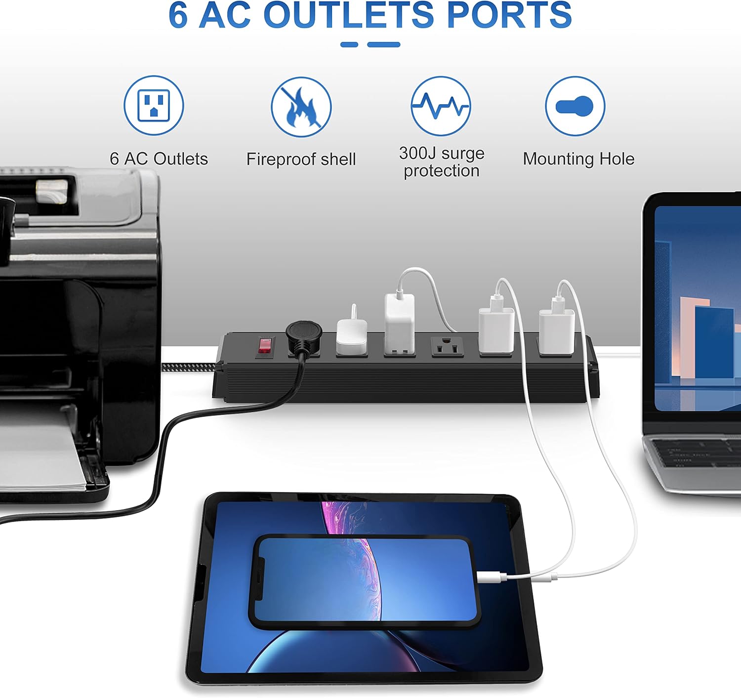 6 Outlets Metal Power Strip Surge Protector with Long Extension Cord 6 feet, 3 Prong Wall Mountable, Overload Protection Switch ON/Off, Black Heavy Duty Power Strip for Home, Office, Dorm Essentials