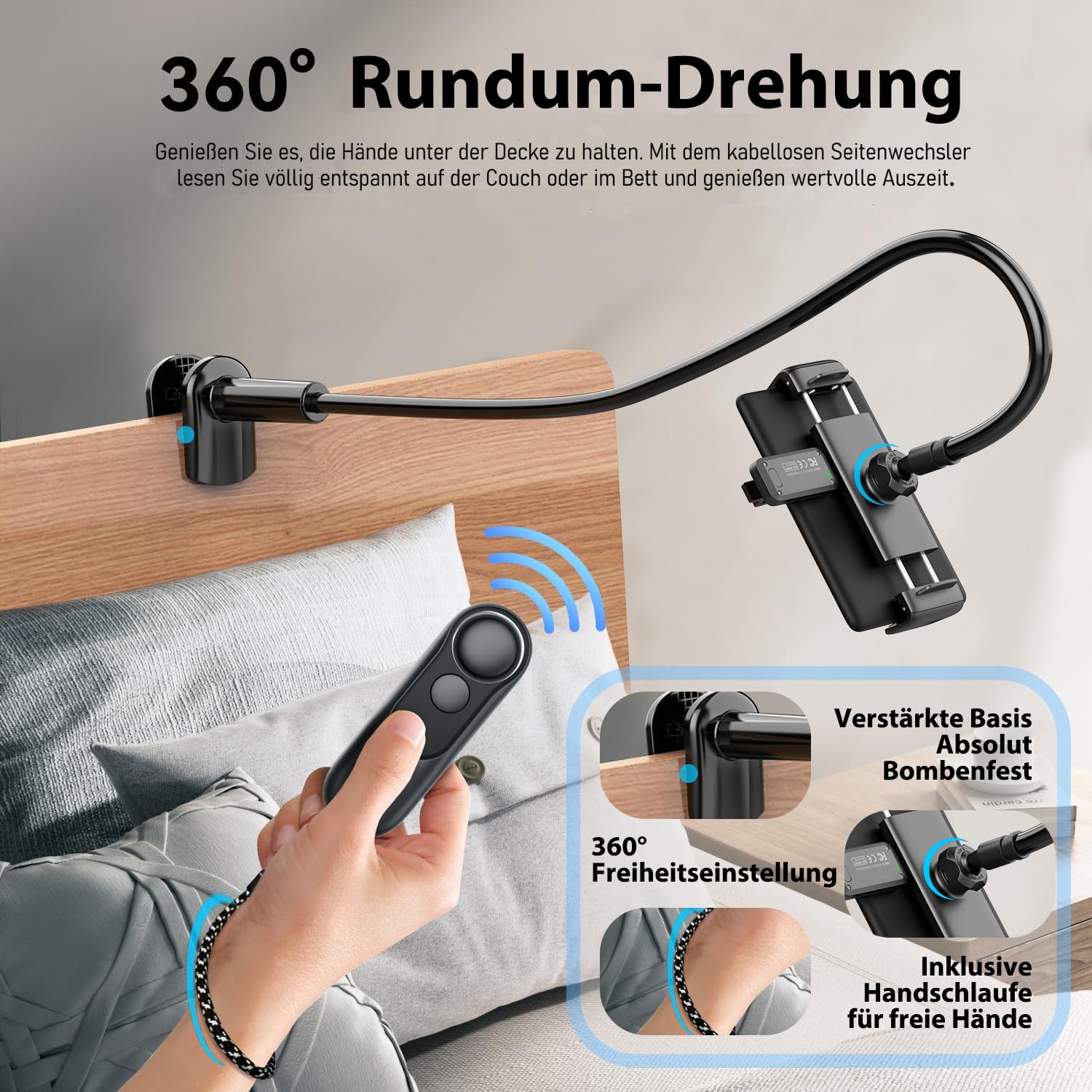 CNARIO Schwanenhals Halterung mit Kindle RF Fernbedienung Seitenwenden zum Lesen für eReader, Tablethalter mit Page Turner, Ebook Umblätter Zubehör für Reader Ständer, Ideal Halter für Bett