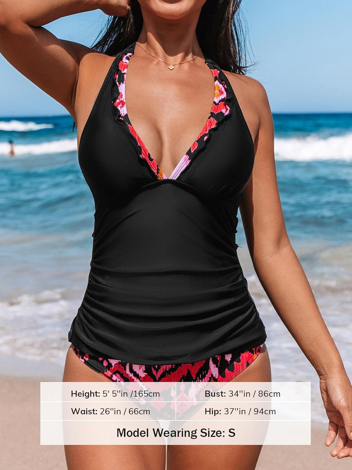 CUPSHE Women's Tankini Sets Halter V Neck Two Piece Bathing Suits Adjustable Straps Mid Rise Swimwear - Image 5