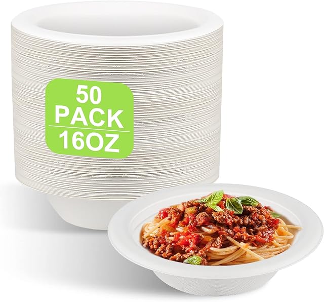 GREENESAGE 50 Pack Disposable Paper Bowls 16oz - Eco-Friendly, Sugarcane Strong White Bowls Biodegradable and Compostable Soup Bowls for Christmas Party BBQ Picnic