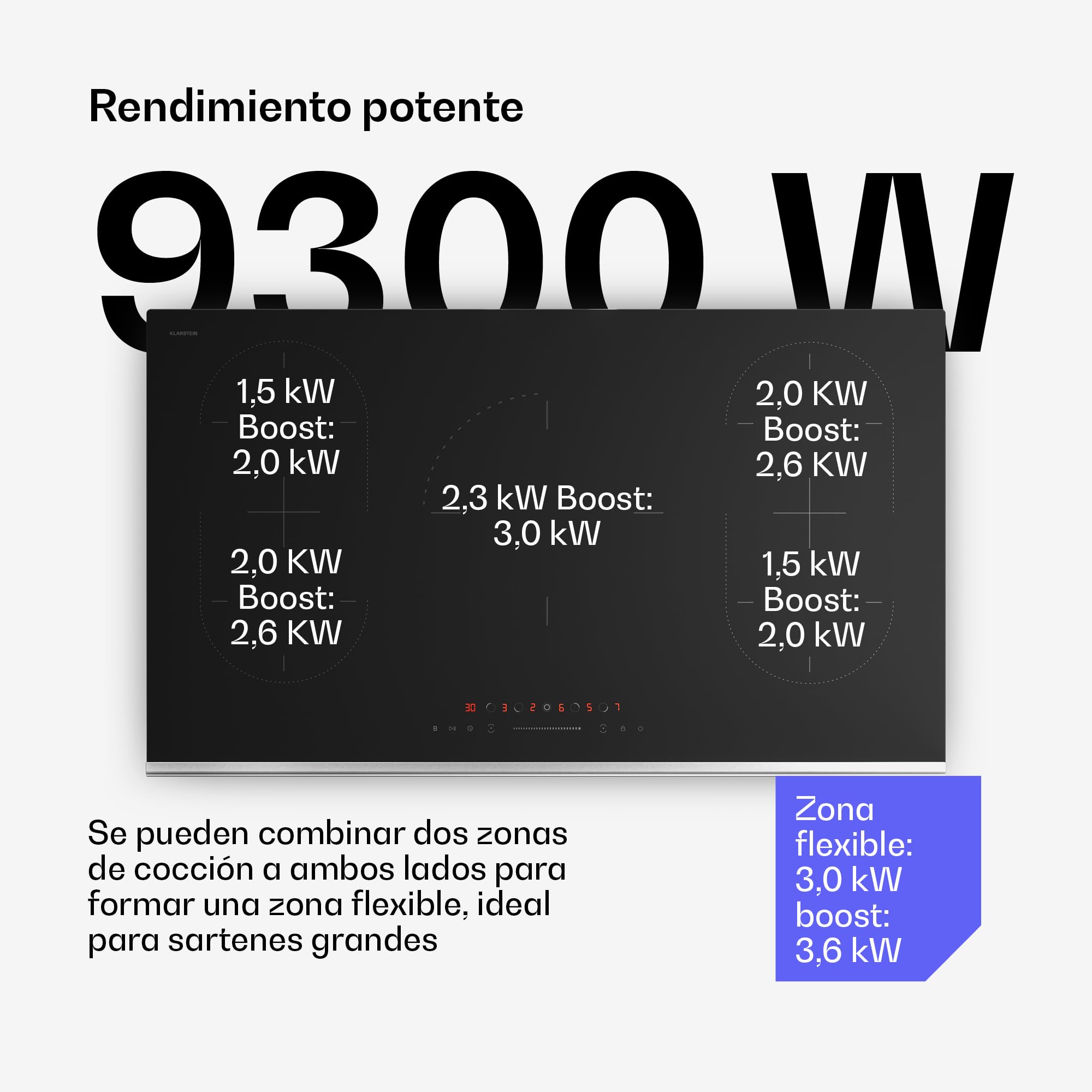 Klarstein Verosteel Placa Inducción 90cm - 5 Zonas, 12200W Boost, Control Táctil, Temporizador, Bloqueo Infantil, Indicador Calor Residual, Cocina Inducción, Vidrio Negro