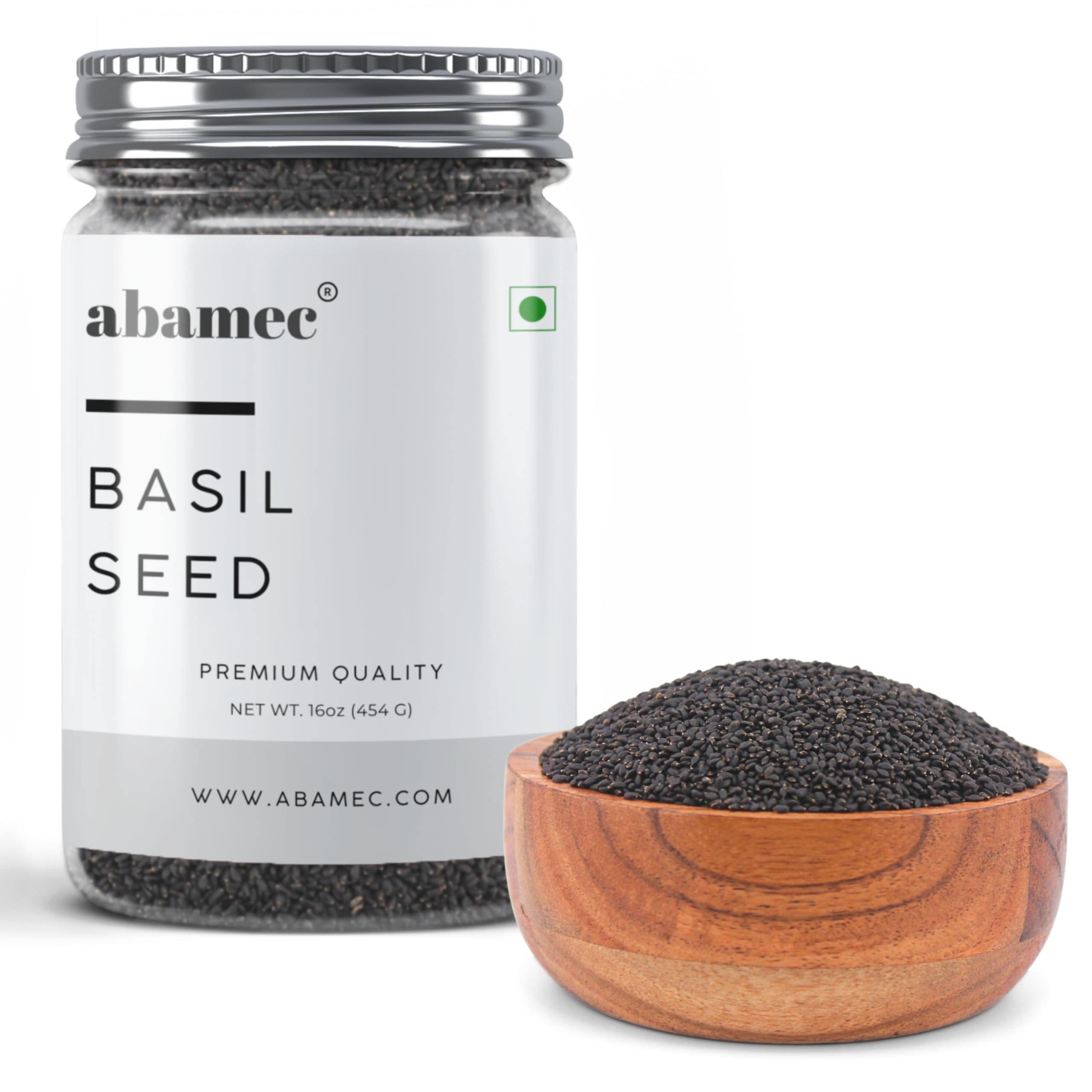 ABAMEC Basil Seeds | Edible Sabja Seeds | Tukmaria | Ocimum Basilicum for Refreshing Beverages, Desserts & Traditional Recipes (Bottle of (454 Grams / 16 Oz))