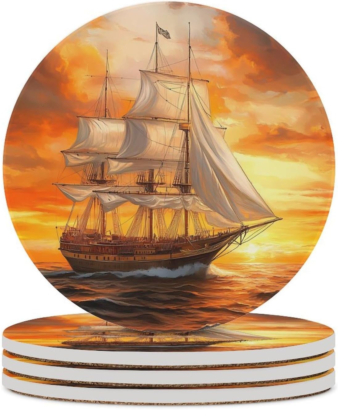 Sail Boat Sailing Ship Round Ceramic Coasters Print Drinks Absorbent with Cork Base for Home Decor Gifts 4 Inch