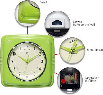 Infinity Instruments Retro Wall Clock 9-Inch Square Silent Non-Ticking