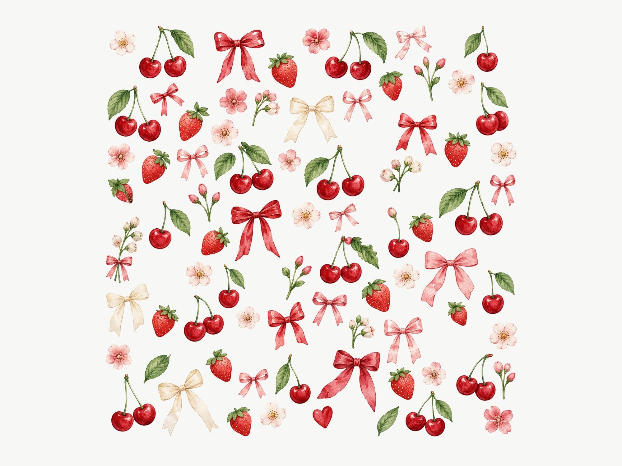 MOOGCO Cherry Coquette Wandaufkleber, Set mit 79 Stück, mit Schleifen, Herzen, Erdbeeren und Perlen für Kinderzimmer und Mädchenzimmer, 59in / 59in / 150 x 150 cm (B x H)
