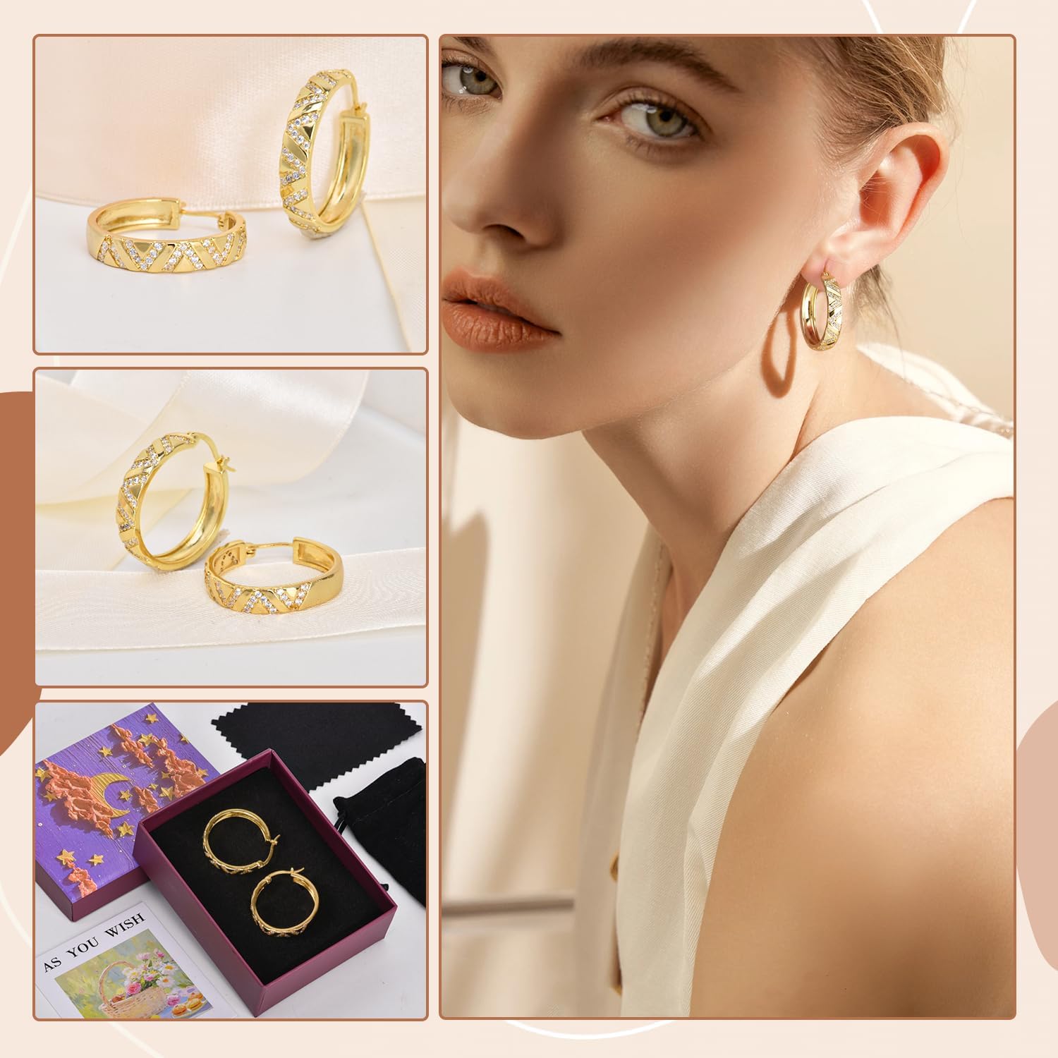 14K Gold Plated Chunky Hoop Earrings for Women, 25mm Hypoallergenic Lightweight Hoops with Crisscross Cubic Zirconia, Perfect for Daily Wear, Party & Gift