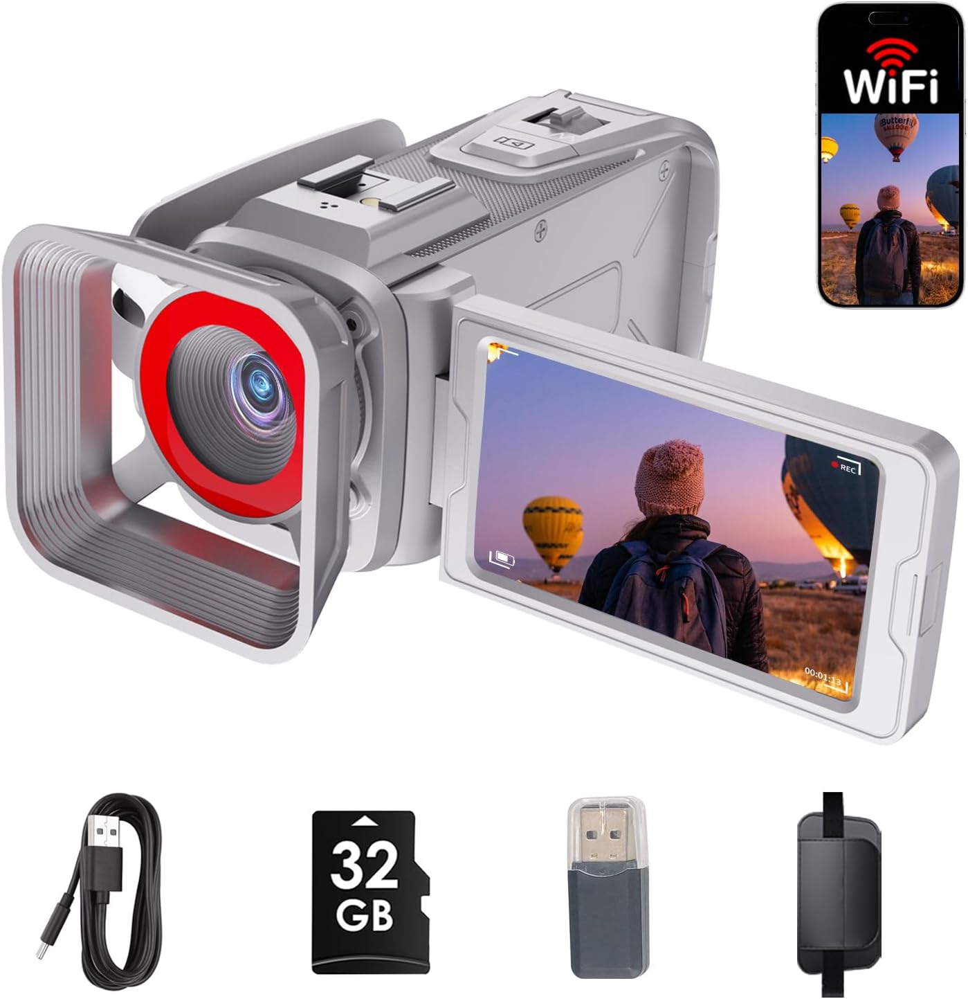 4K Video Camera Camcorder 64MP WiFi for YouTube Vlogging, 18X Digital Zoom 3" 270° Flip Screen, with 32GB SD Card & Card Reader, Built-in 2500mAh Battery (Silver Gray)