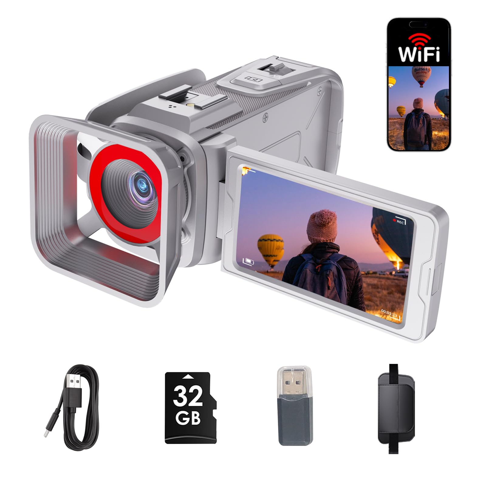 4K Video Camera Camcorder 64MP WiFi for YouTube Vlogging, 18X Digital Zoom 3" 270° Flip Screen, with 32GB SD Card & Card Reader, Built-in 2500mAh Battery (Silver Gray)-picture-28