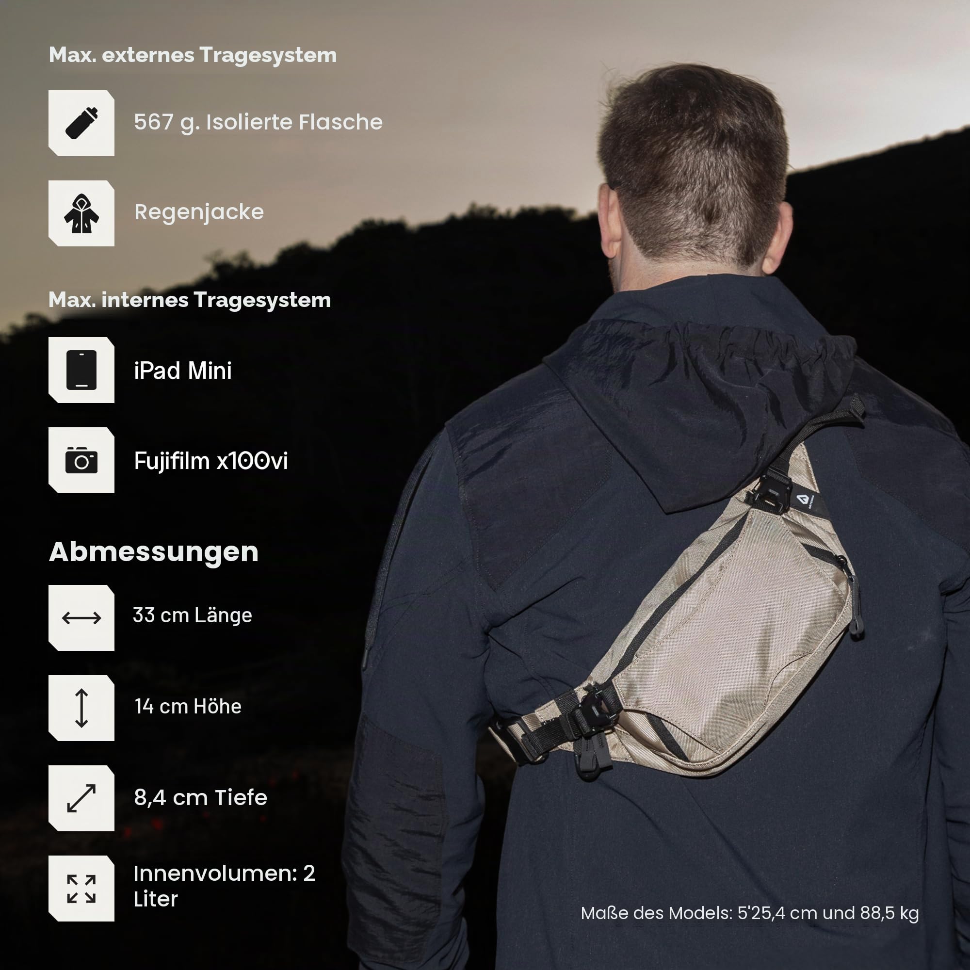 ARTERRA Falcon2L Bauchtasche – 2 Liter Sling Hip Bag mit verstellbarer Erweiterung, kompakt, leicht, für den täglichen Gebrauch, Outdoor, Hundespaziergänge, Wandern, Obsidian Black, Einheitsgröße, Hip