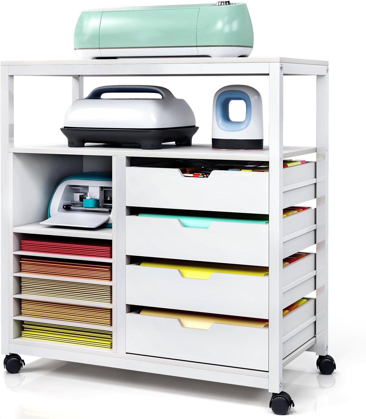 TC-HOMENY Craft Organizer Storage Cart, Rolling Cart Organizer, Vinyl Roll Holder and Cutting Machine Storage Cabinet, Craft Cart with Drawers for Craft Room Organizer 32"" W x 16"" D x 34"" H, White