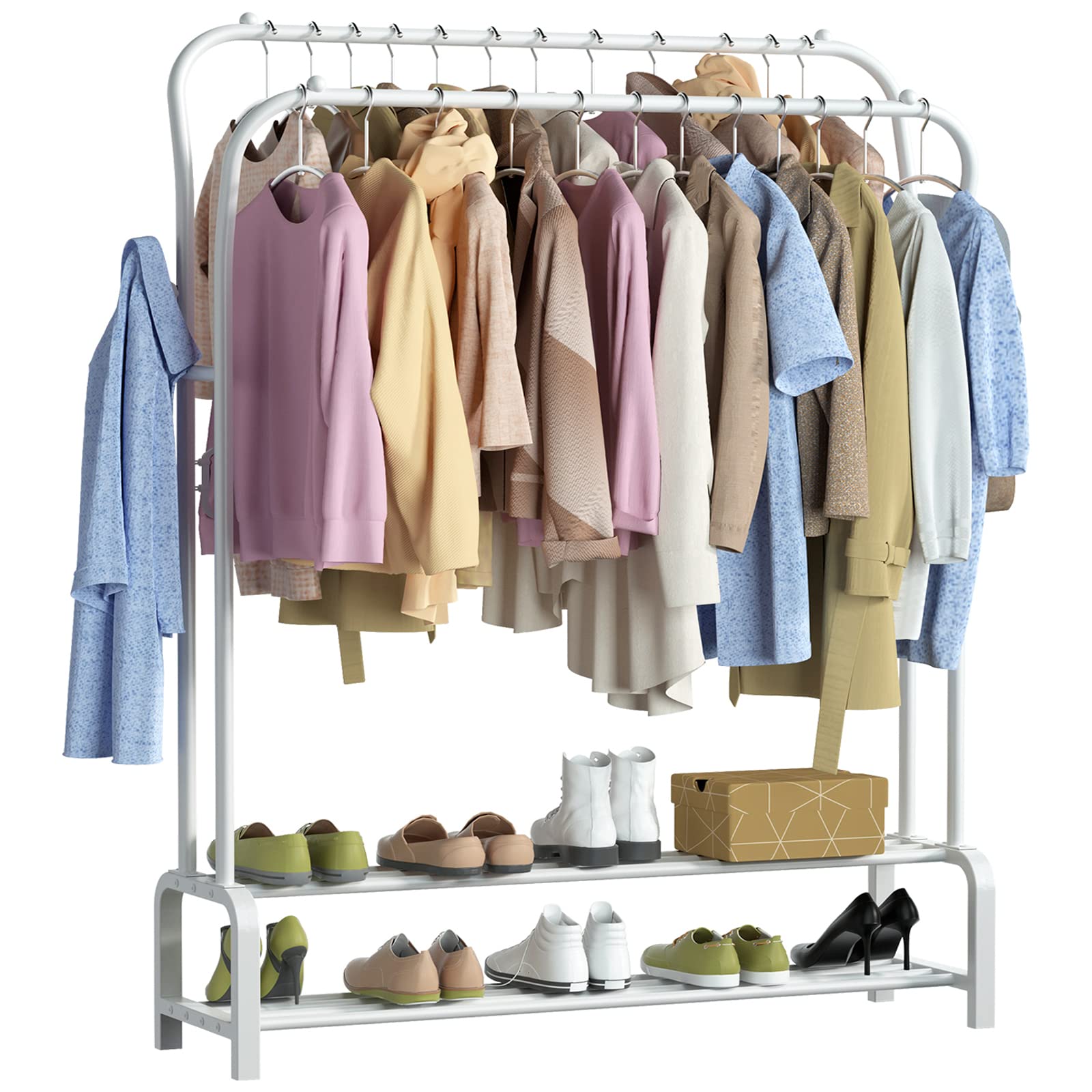 Metal Clothes Rail Double Pole Coat Rack Freestanding Garment Rack Hanger With 4 Side Hooks and 2-Tier Lower Storage Shelf for Bedroom Home Office Indoor (White)