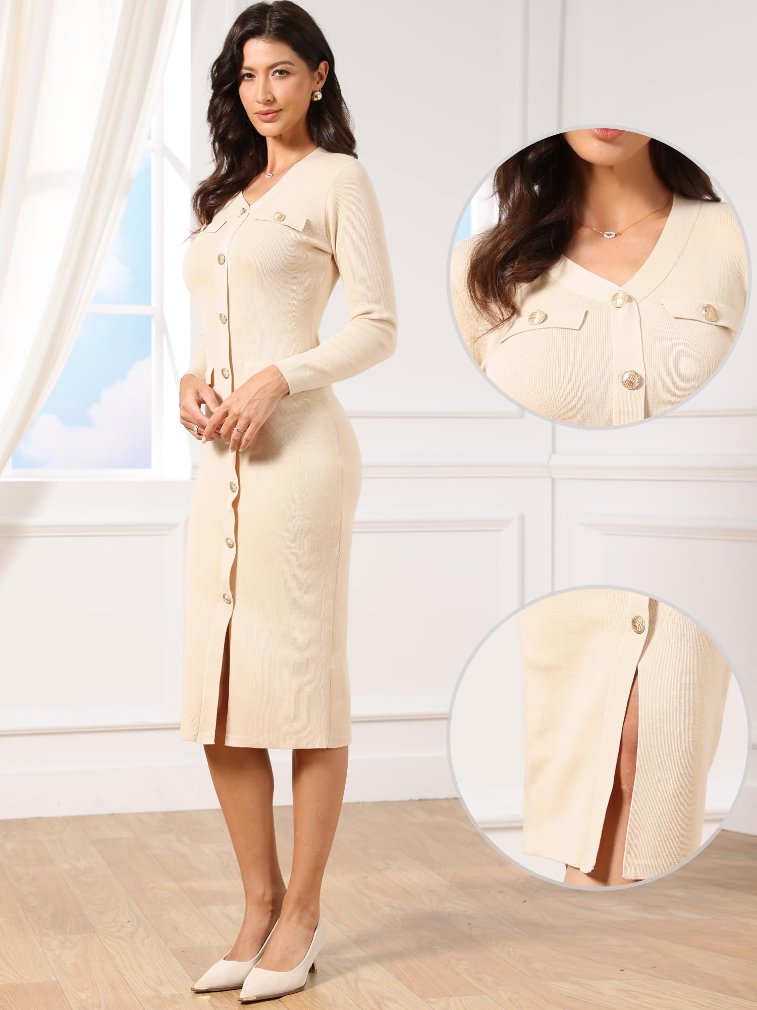 Allegra K Robe Pull Moulante Femme en Tricot Col en V Manches Longues