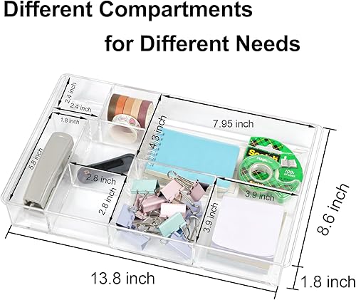 Miniatura 5 de Organizador de cajones transparente de 8 secciones, bandeja divisora de cajones de acrílico grande para escritorio, baño, maquillaje de oficina,