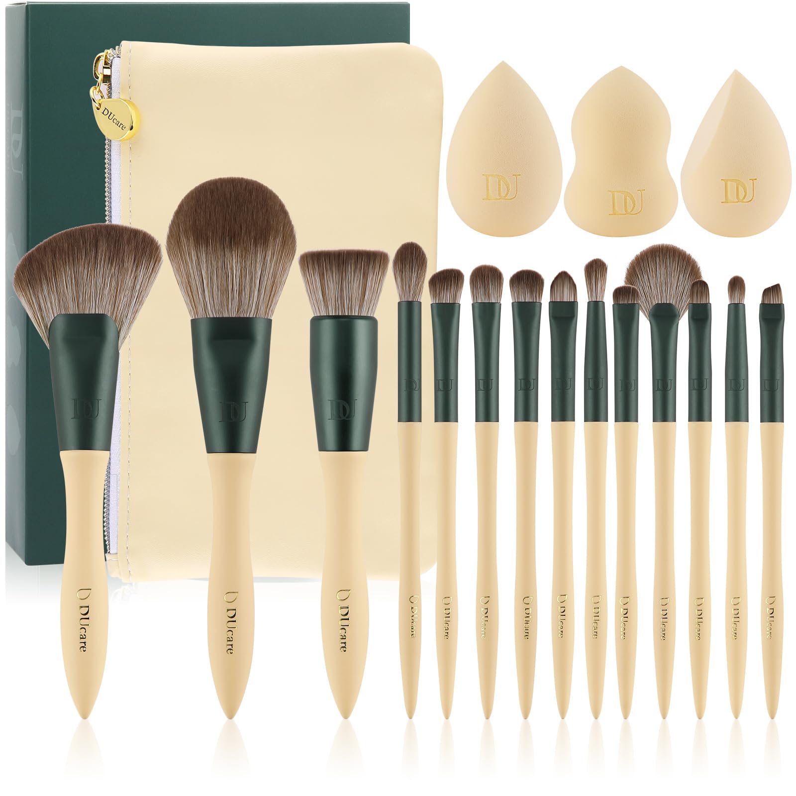 DUcare Makeup Brushes 14Pcs with 3Pcs Makeup Spong & Cosmetic Bag - Lime Mojito Series Professional Kabuki Foundation Blending Brush Face Powder Blush Concealers Eye Shadows-picture-28
