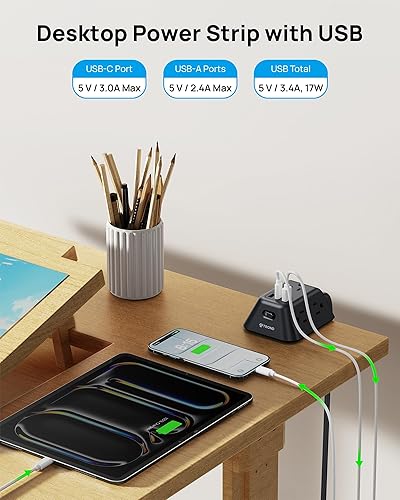 Miniatura 4 de Regleta de alimentación con abrazadera de escritorio, protector de sobretensiones con 5 salidas de CA y 3 puertos USB, estación de carga de montaje